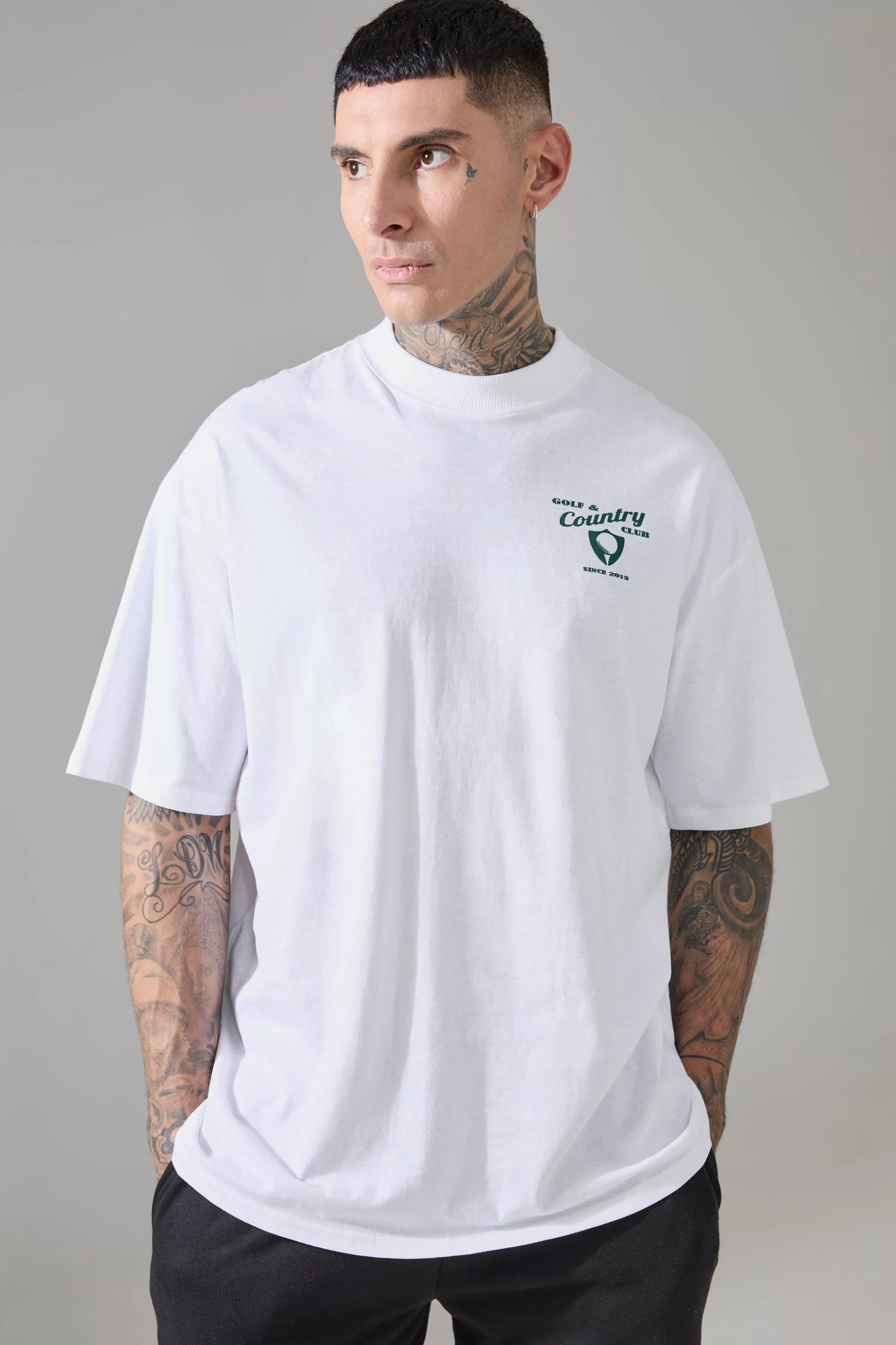 boohooMAN Tall Active Golf Country Club Oversized Extended Neck T-shirt | UK white Outlet