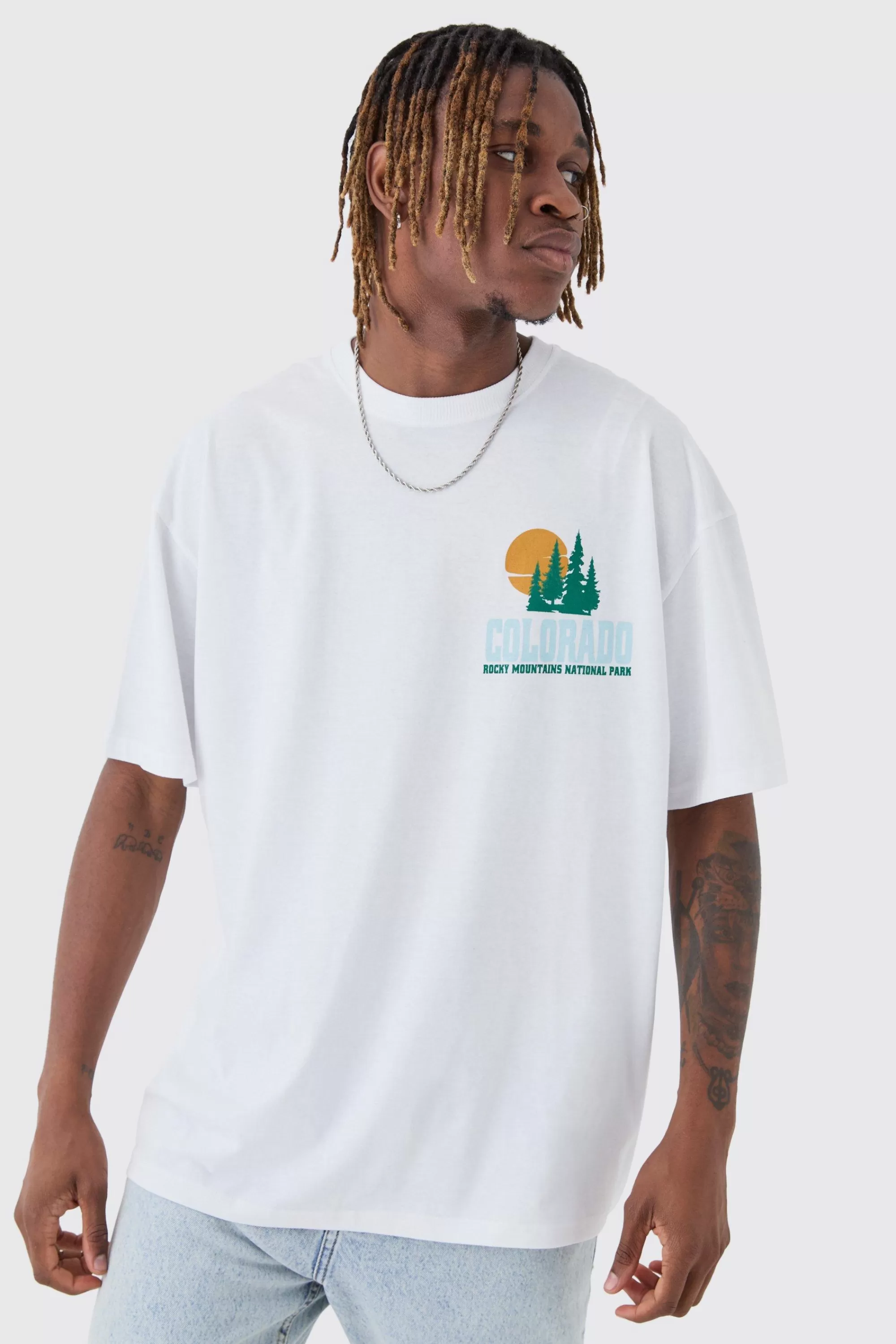 boohooMAN Tall Colorado Back Printed Oversized T-Shirt | UK white New