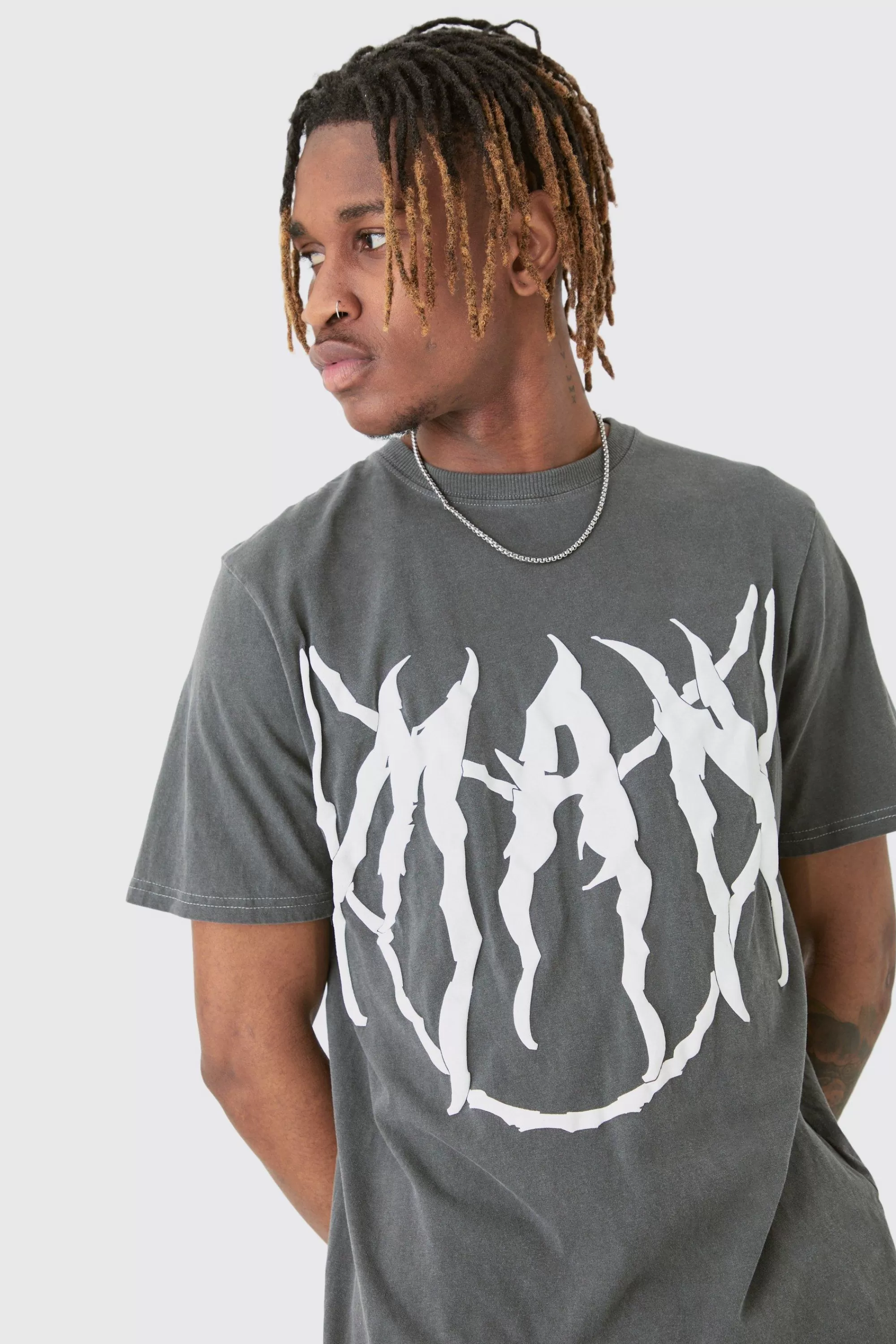 boohooMAN Tall Core Man Chain Puff Print T-shirt In | UK grey Discount