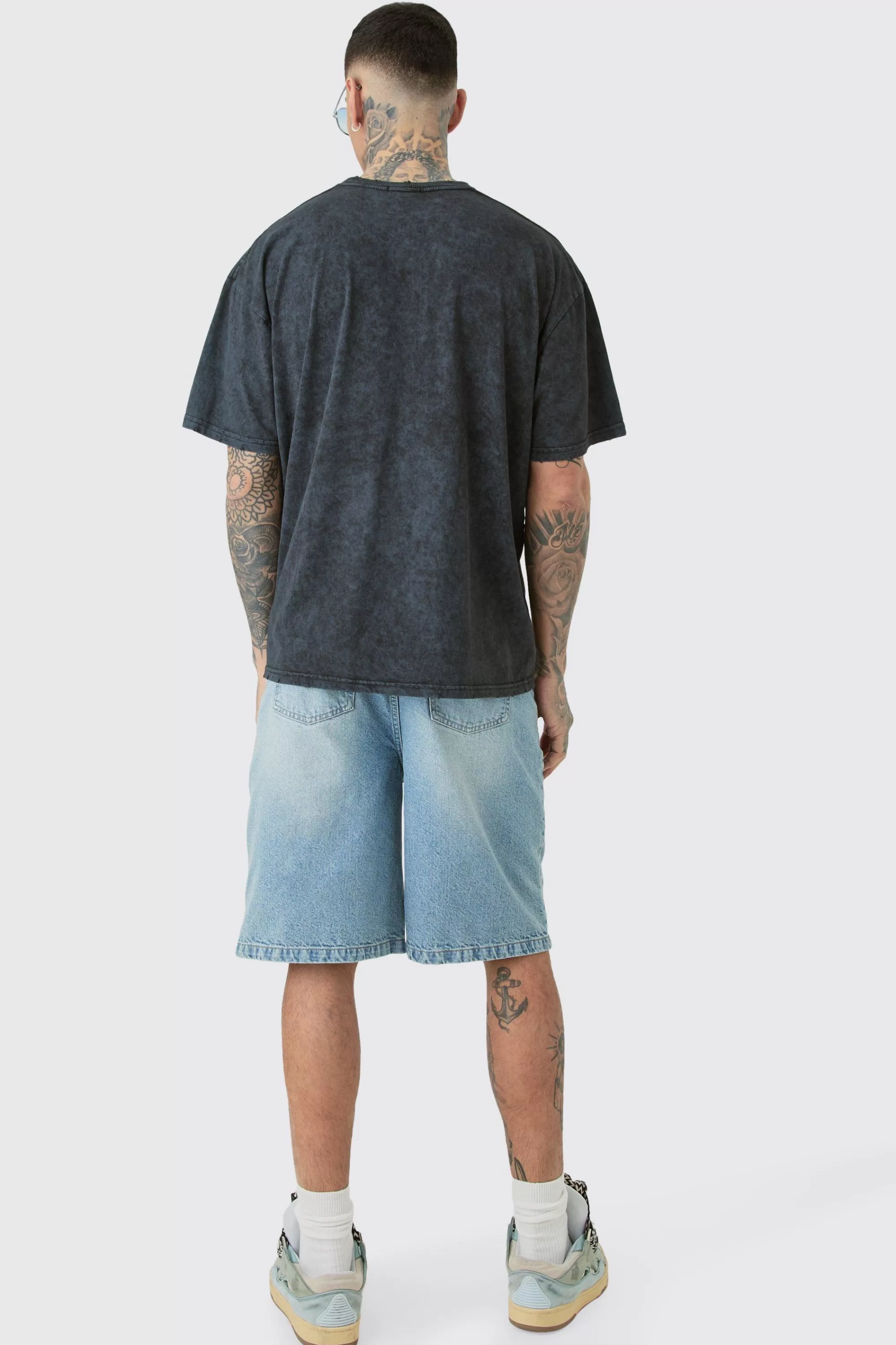 boohooMAN Tall Distressed Oversized Acid Wash Gothic Print T-shirt | UK charcoal Shop