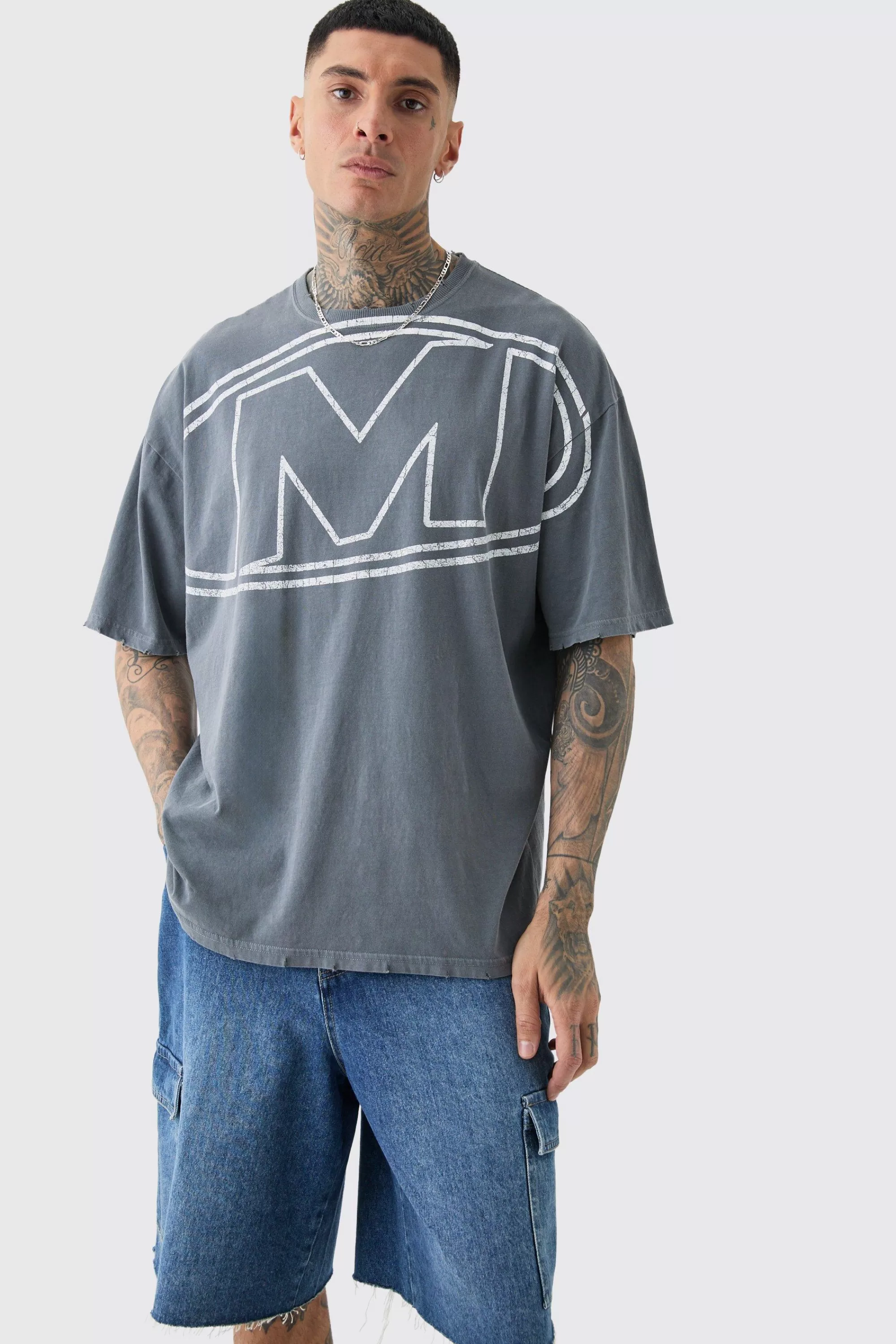 boohooMAN Tall Distressed Oversized Overdye Logo Graphic T-shirt | UK charcoal Clearance
