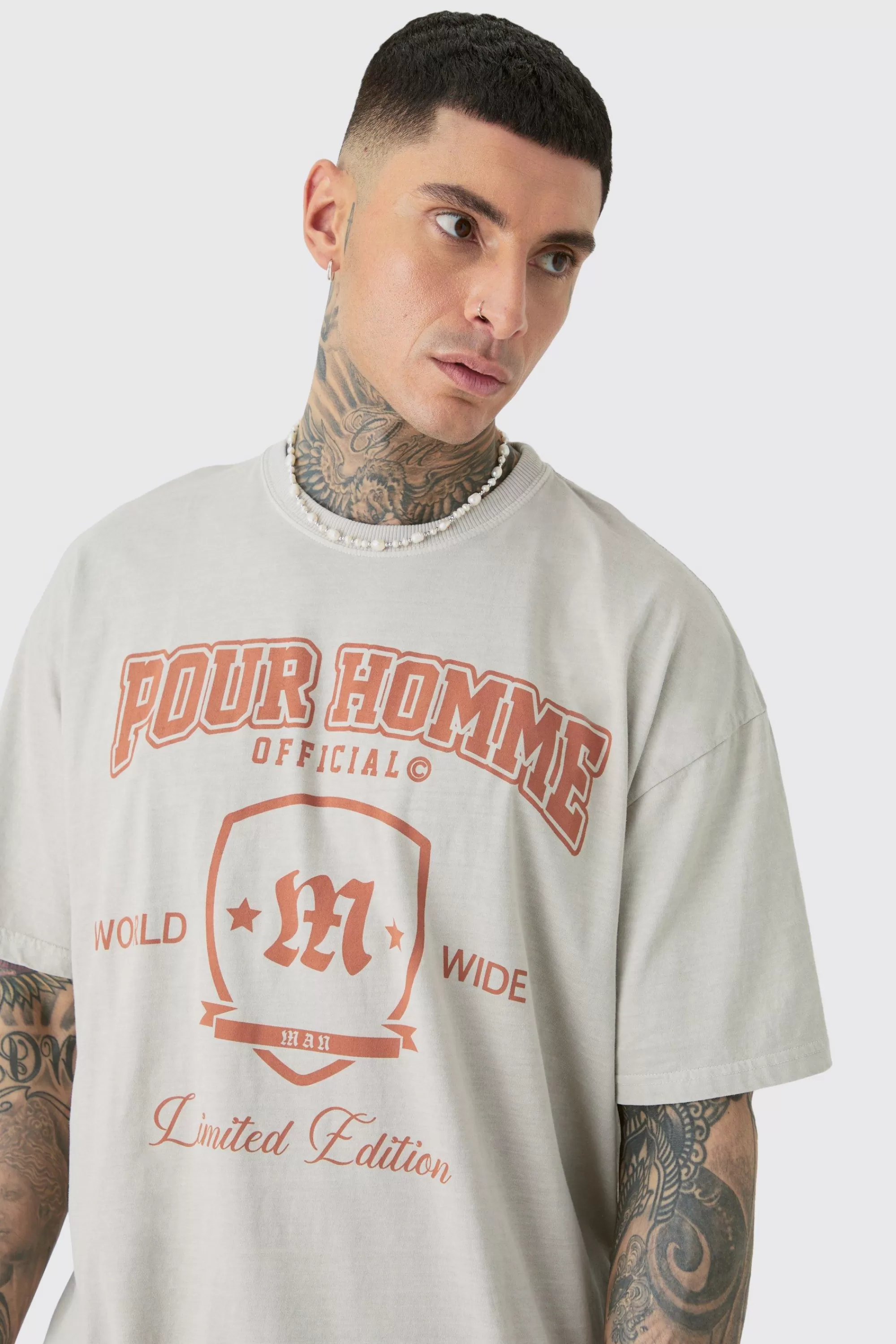 boohooMAN Tall Distressed Oversized Overdye Varsity T-shirt | UK sand Hot