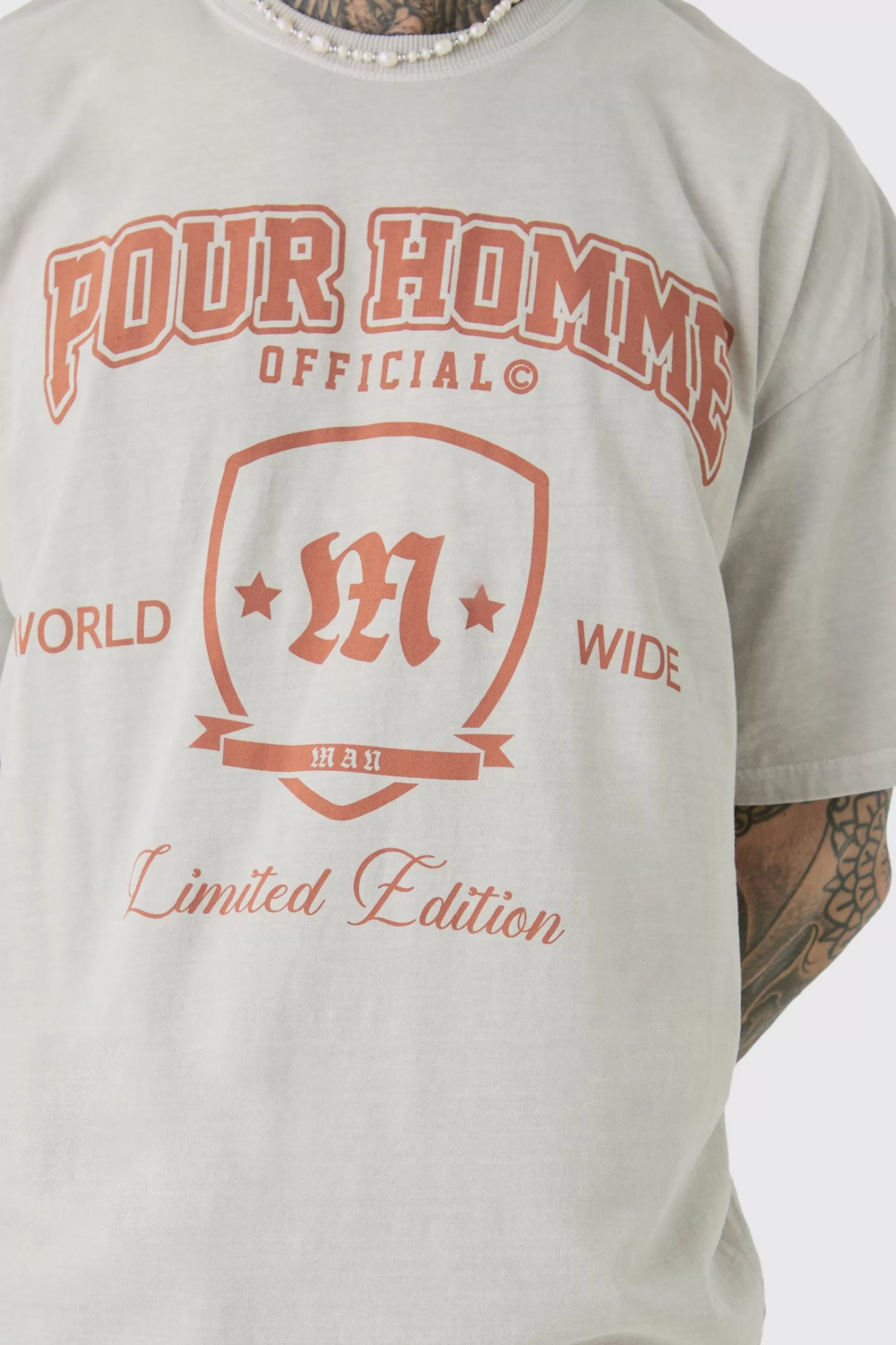 boohooMAN Tall Distressed Oversized Overdye Varsity T-shirt | UK sand Hot