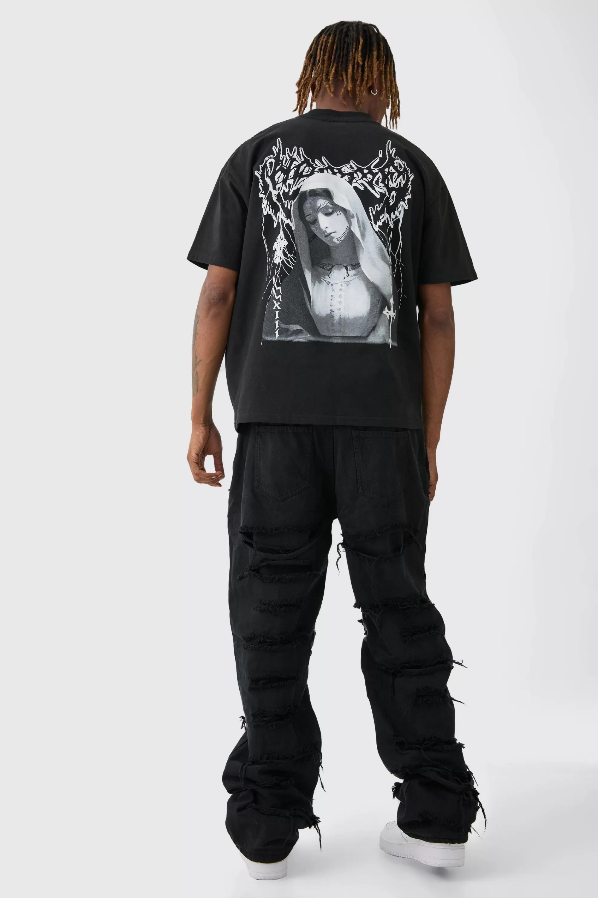 boohooMAN Tall Distressed Twill Overdyed Trouser In | UK washed black Sale