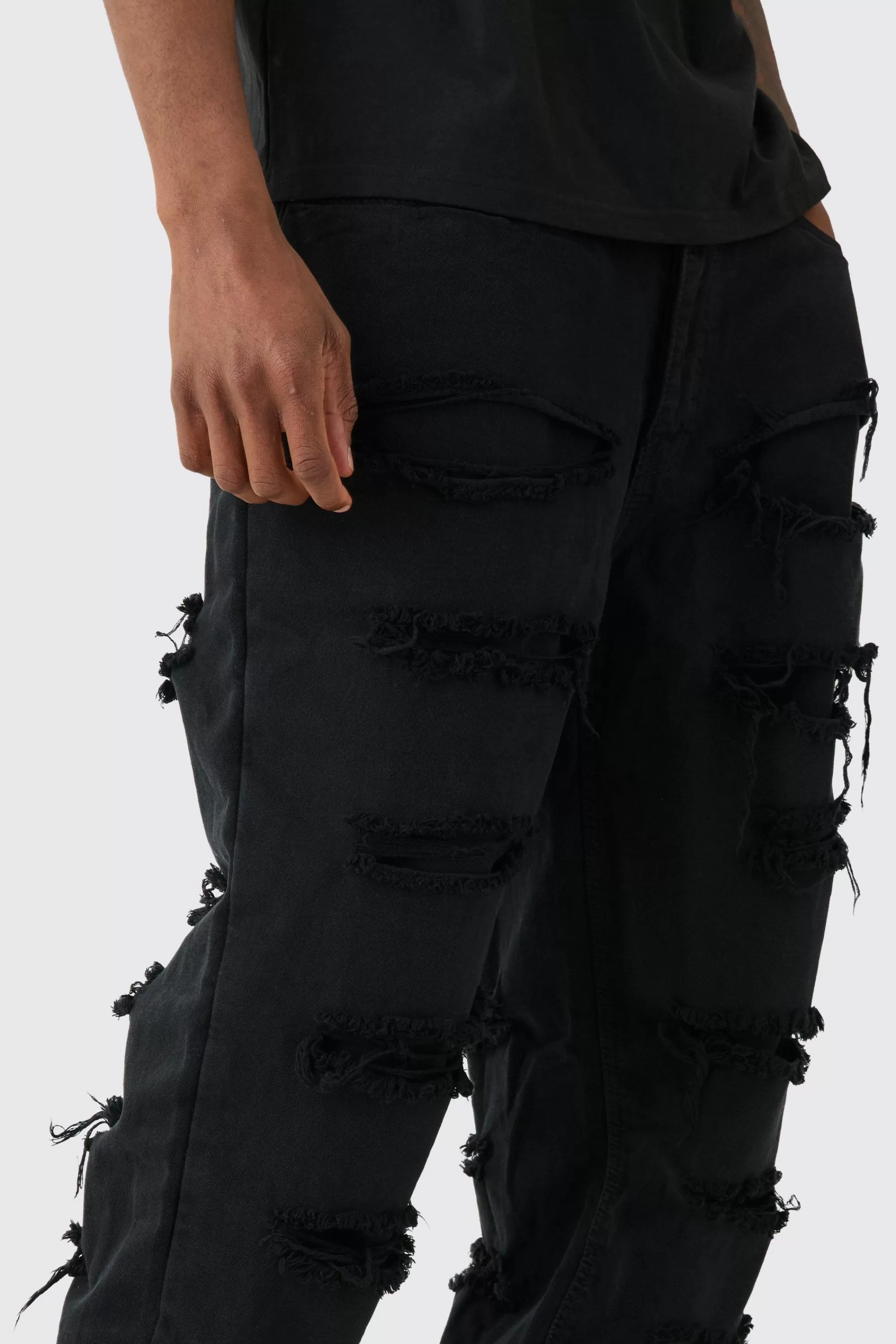 boohooMAN Tall Distressed Twill Overdyed Trouser In | UK washed black Sale