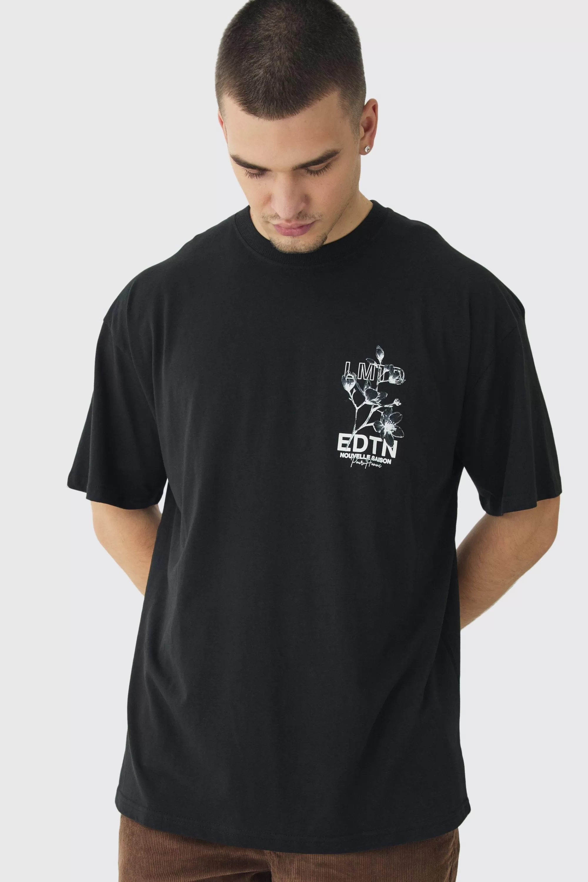 boohooMAN Tall EDTN Floral Graphic Back Oversized Printed T-Shirt | UK black Hot