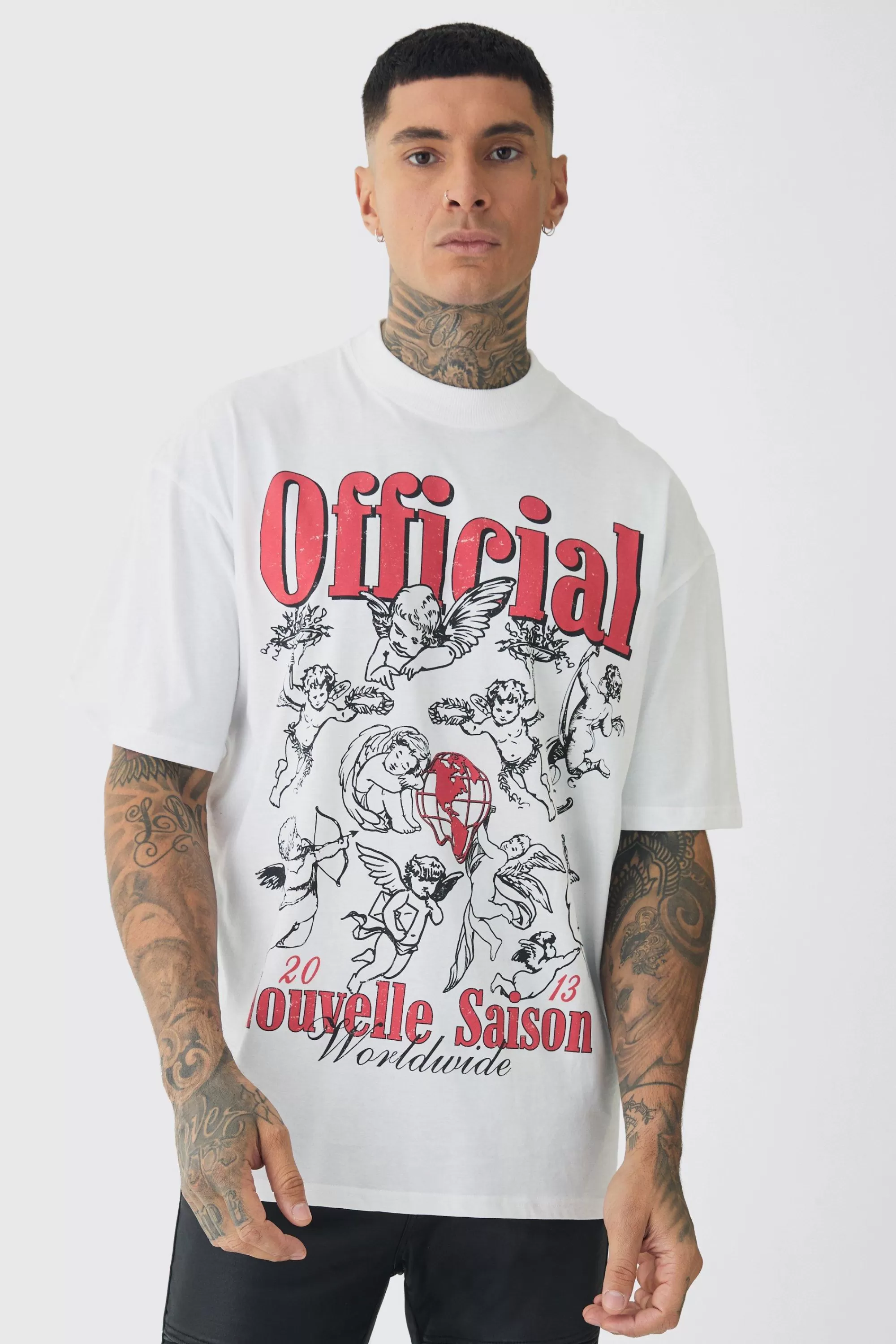 boohooMAN Tall Extended Neck Cherub Graphic Oversized T-Shirt | UK white Best