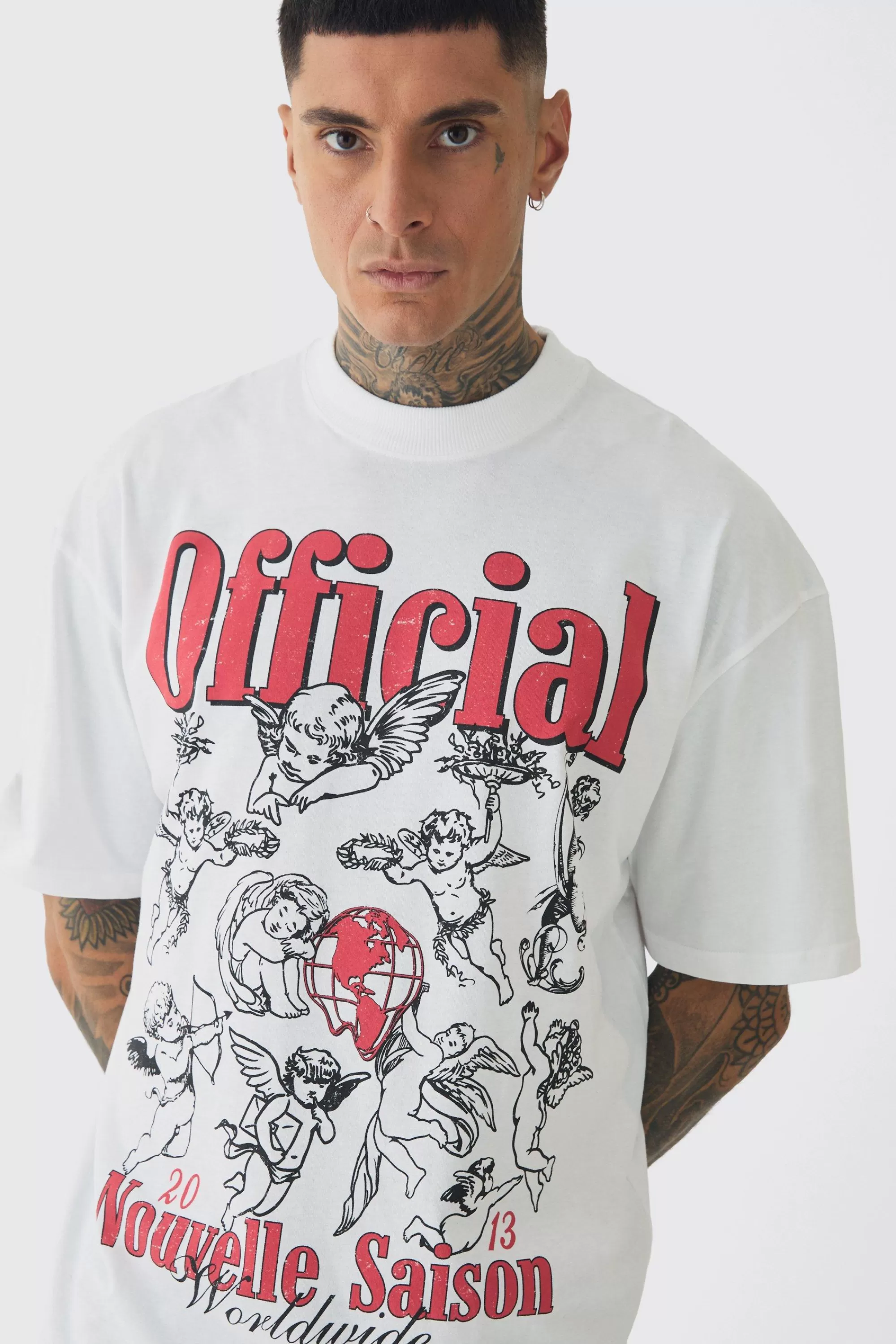 boohooMAN Tall Extended Neck Cherub Graphic Oversized T-Shirt | UK white Best