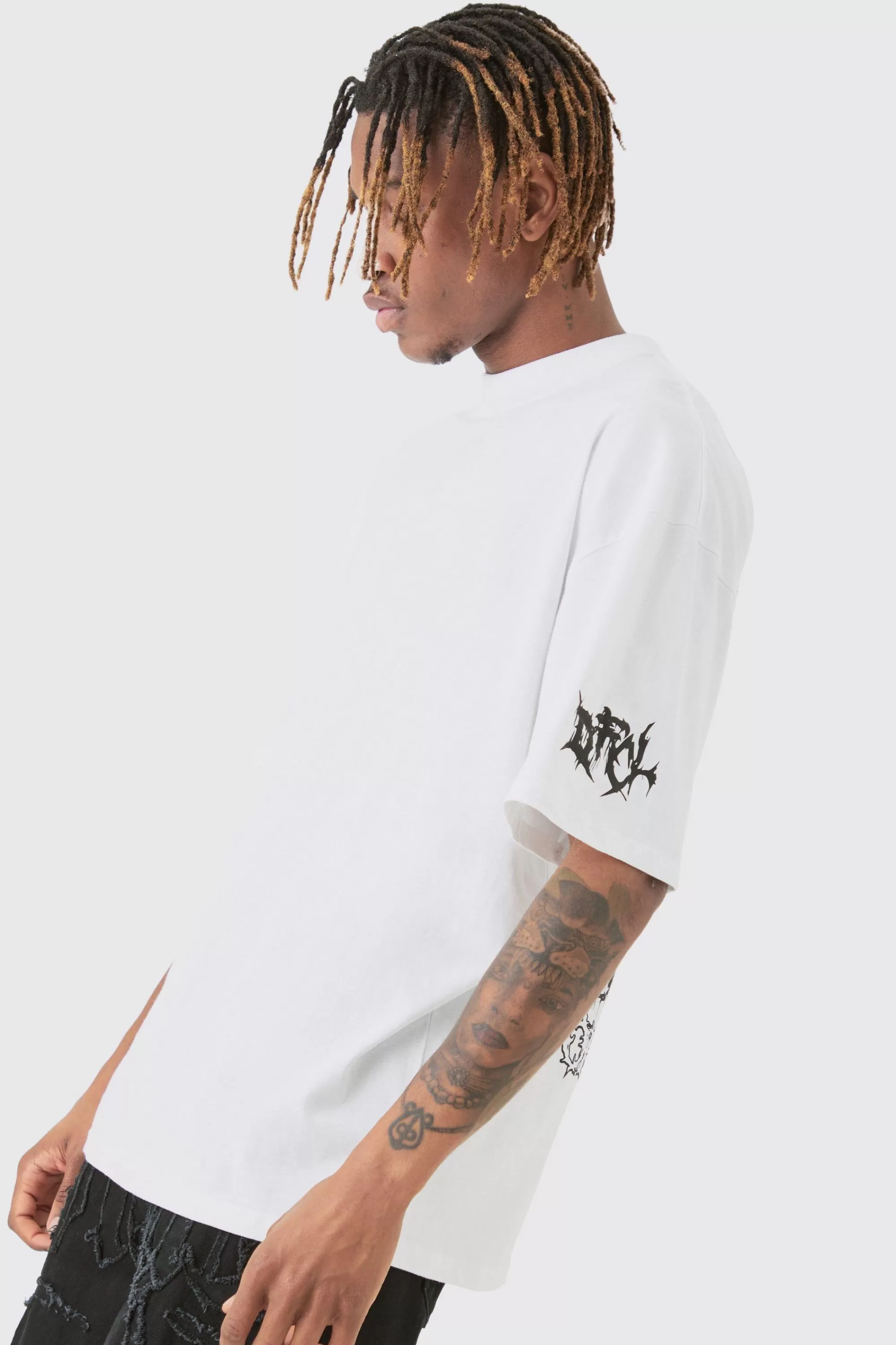 boohooMAN Tall Extended Neck Official Man Back Print Tour T-shirt | UK white Clearance