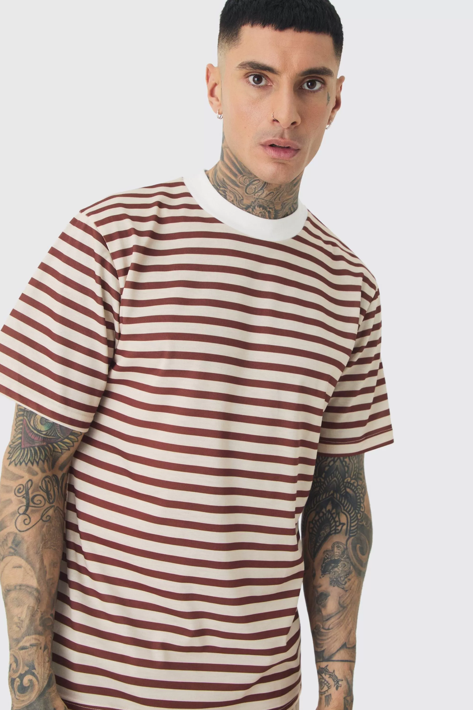 boohooMAN Tall Extended Neck Stripe T-shirt | UK brown Sale