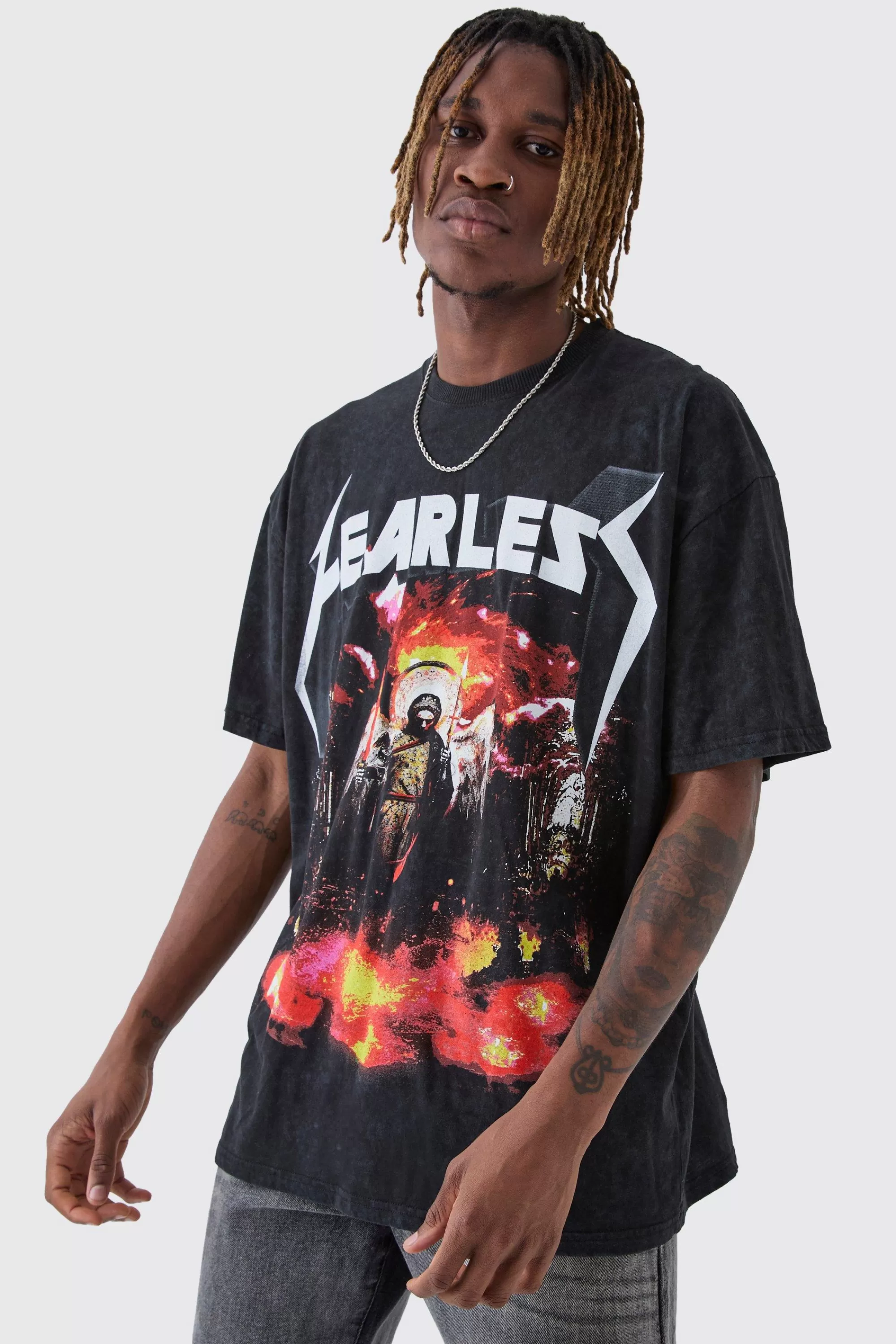 boohooMAN Tall Fearless Print Oversized Washed T-shirt In | UK charcoal Flash Sale