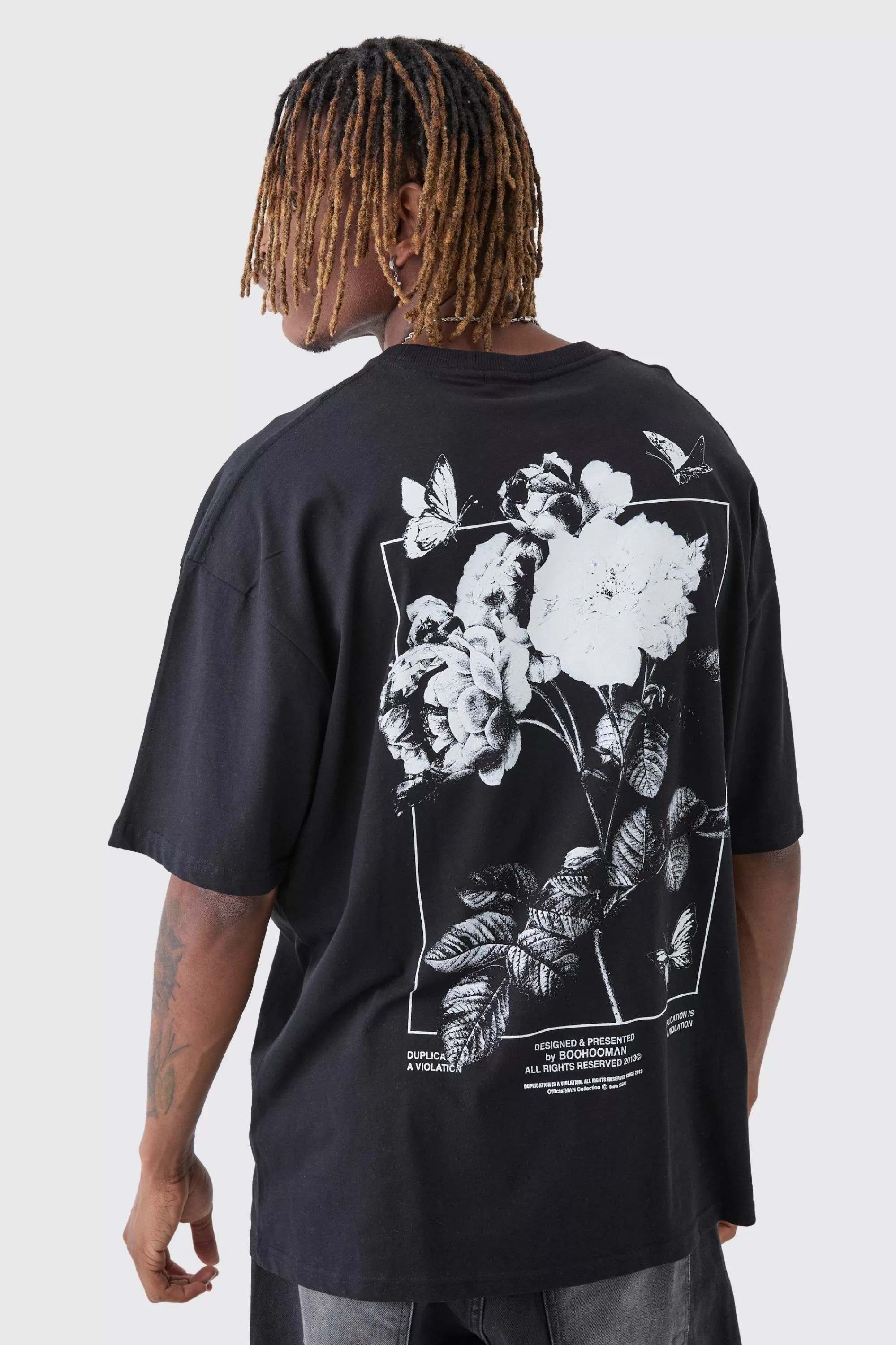 boohooMAN Tall Floral Butterfly Graphic Back Printed T-Shirt | UK black Online