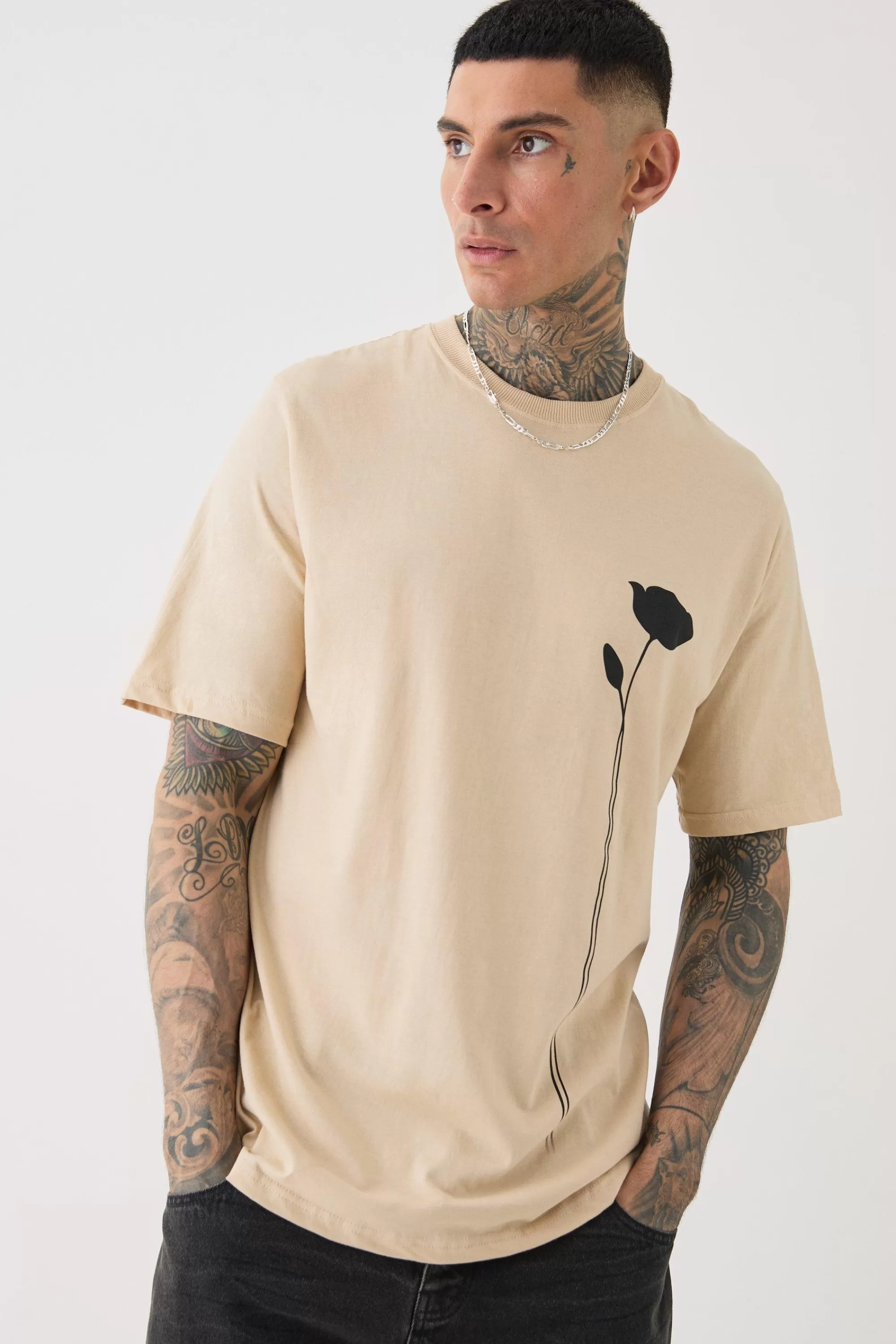 boohooMAN Tall Floral Line Drawing Print T-shirt | UK sand Flash Sale