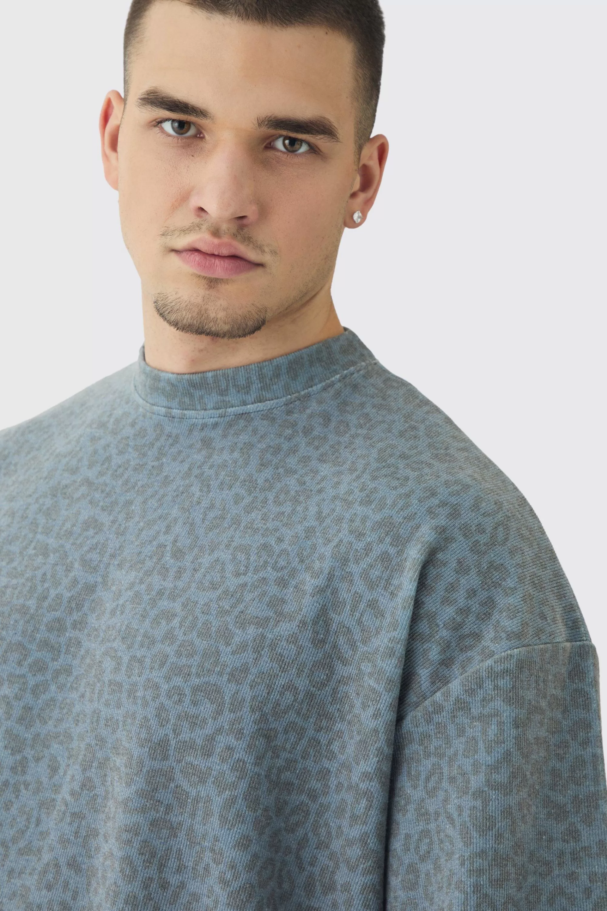 boohooMAN Tall Leopard Compact Rib Boxy Oversized T-Shirt | UK grey Online