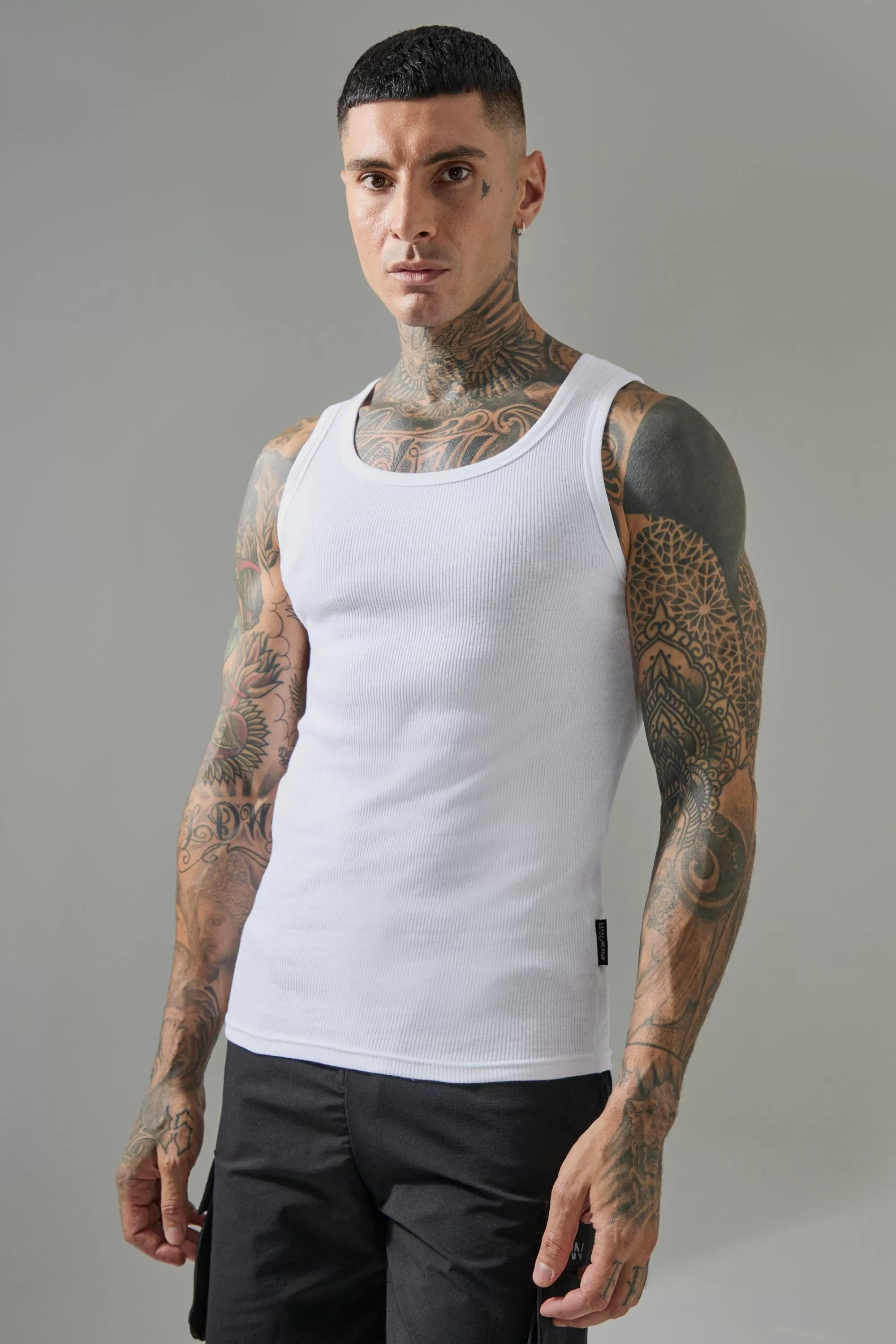 boohooMAN Tall Man Active Gym Muscle Fit Ribbed Vest | UK white Cheap