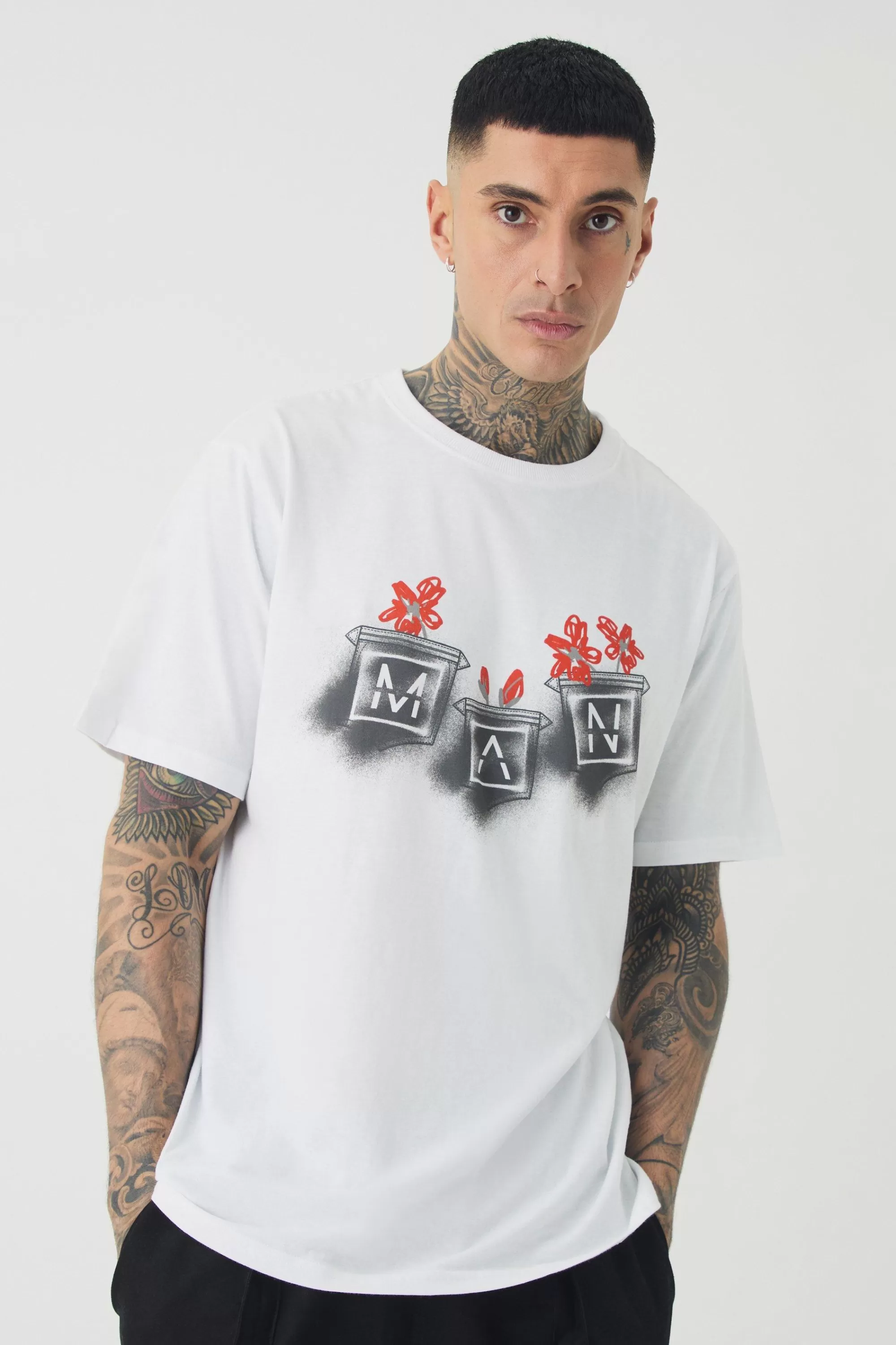 boohooMAN Tall Man Doodle Print Floral Print T-shirt | UK white Flash Sale