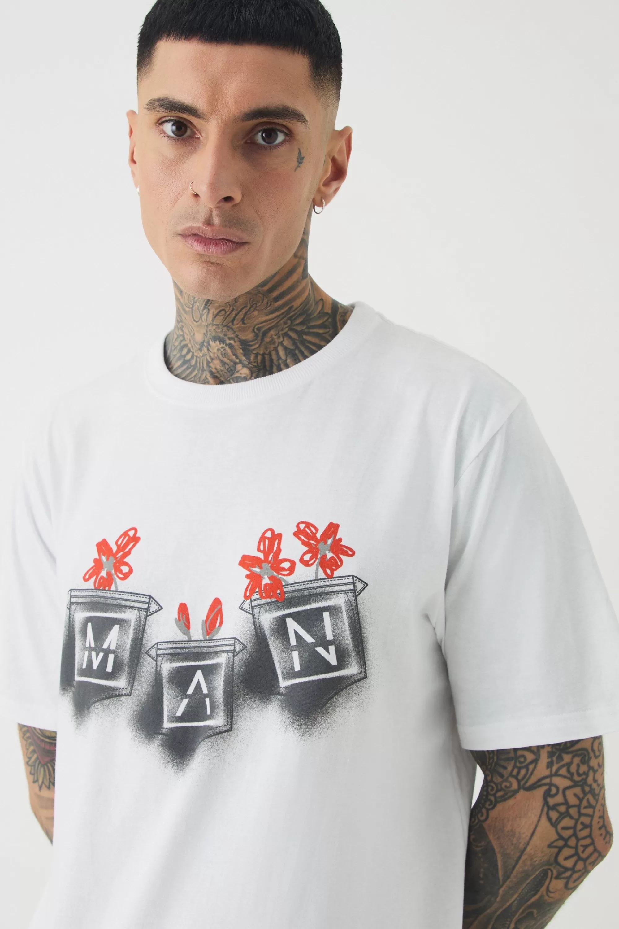boohooMAN Tall Man Doodle Print Floral Print T-shirt | UK white Flash Sale