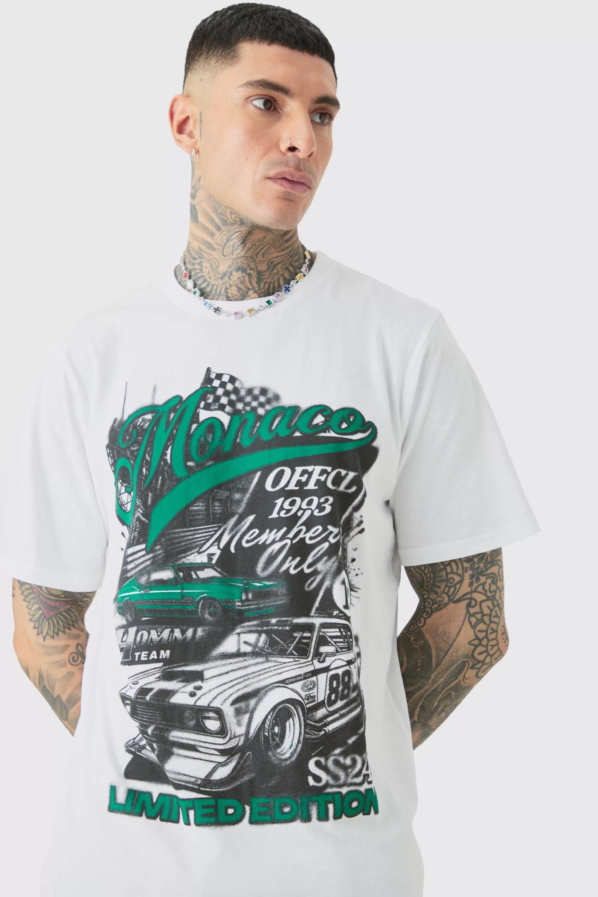 boohooMAN Tall Monaco Moto Print T-shirt | UK white Cheap
