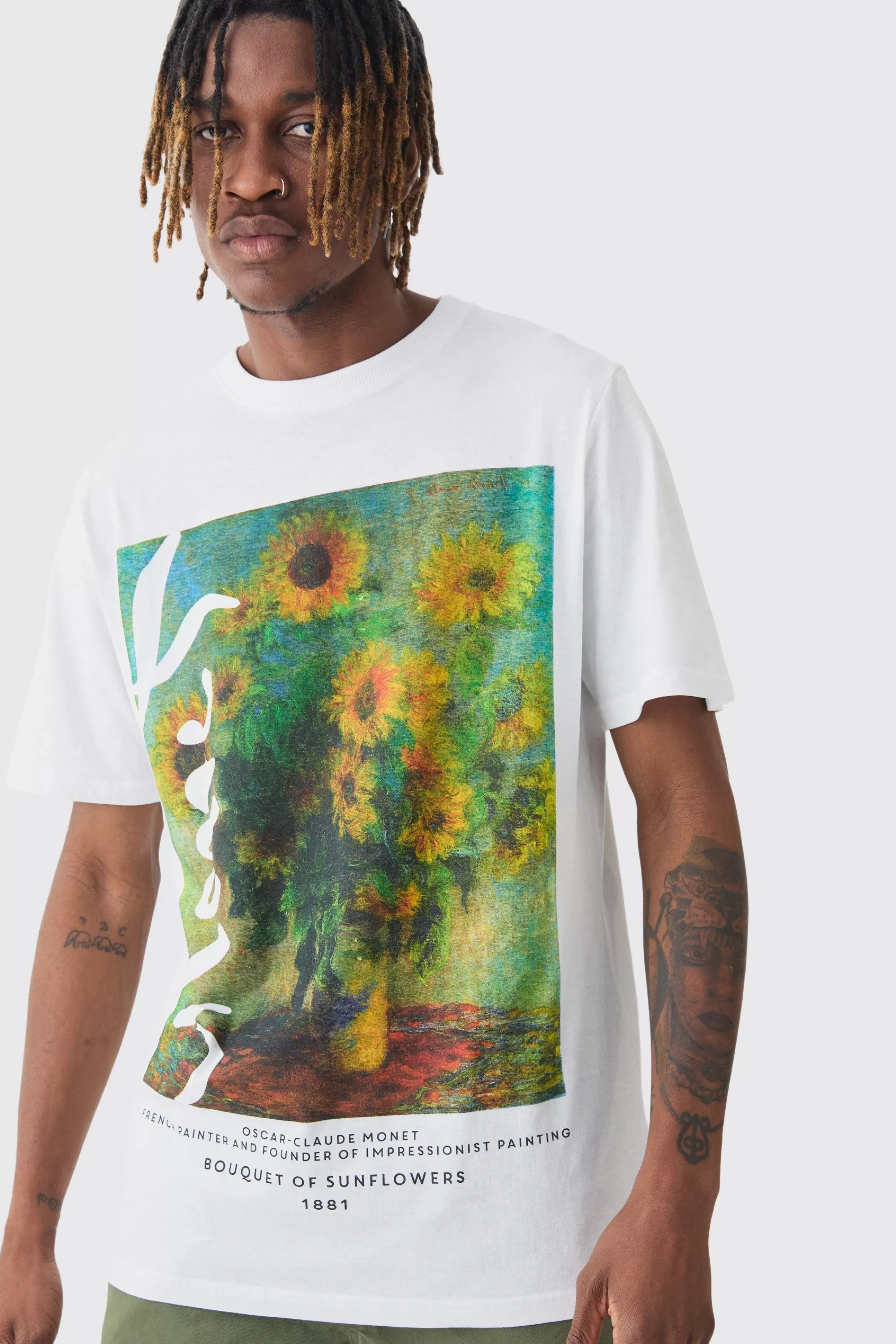 boohooMAN Tall Monet Sunflower Printed Licensed T-shirt In | UK white Clearance