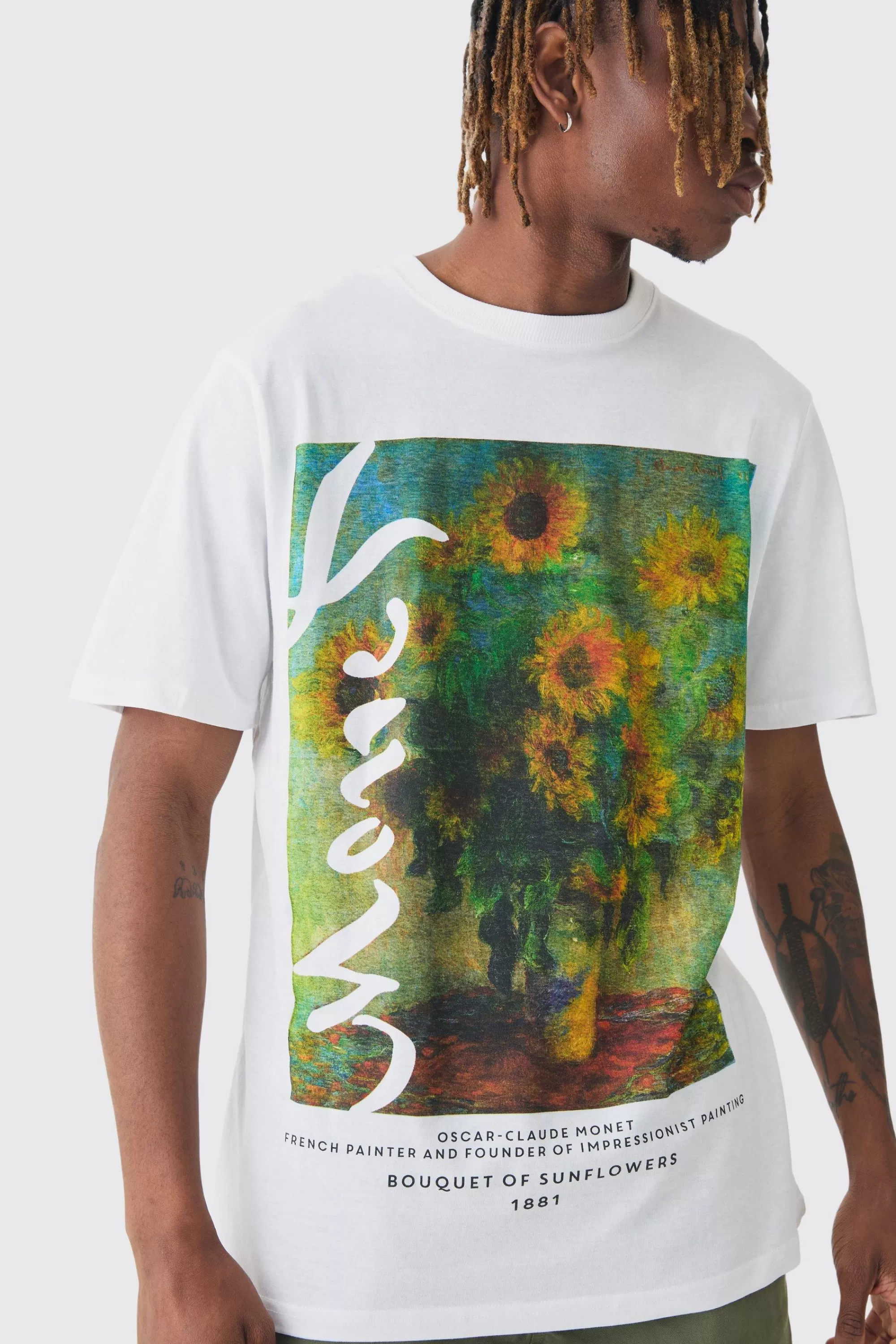 boohooMAN Tall Monet Sunflower Printed Licensed T-shirt In | UK white Clearance