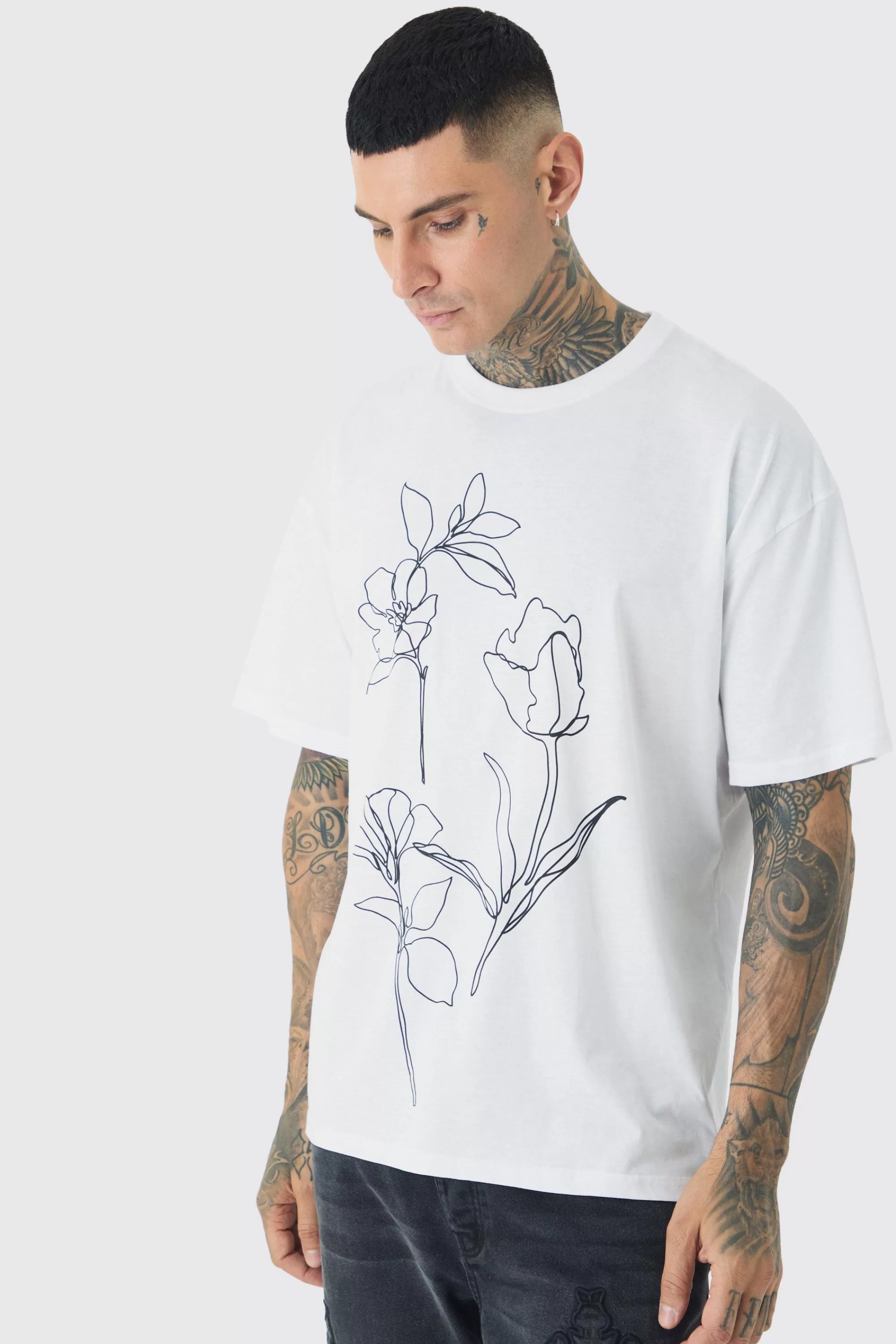 boohooMAN Tall Mono Abstract Floral Printed T-shirt In | UK white Fashion