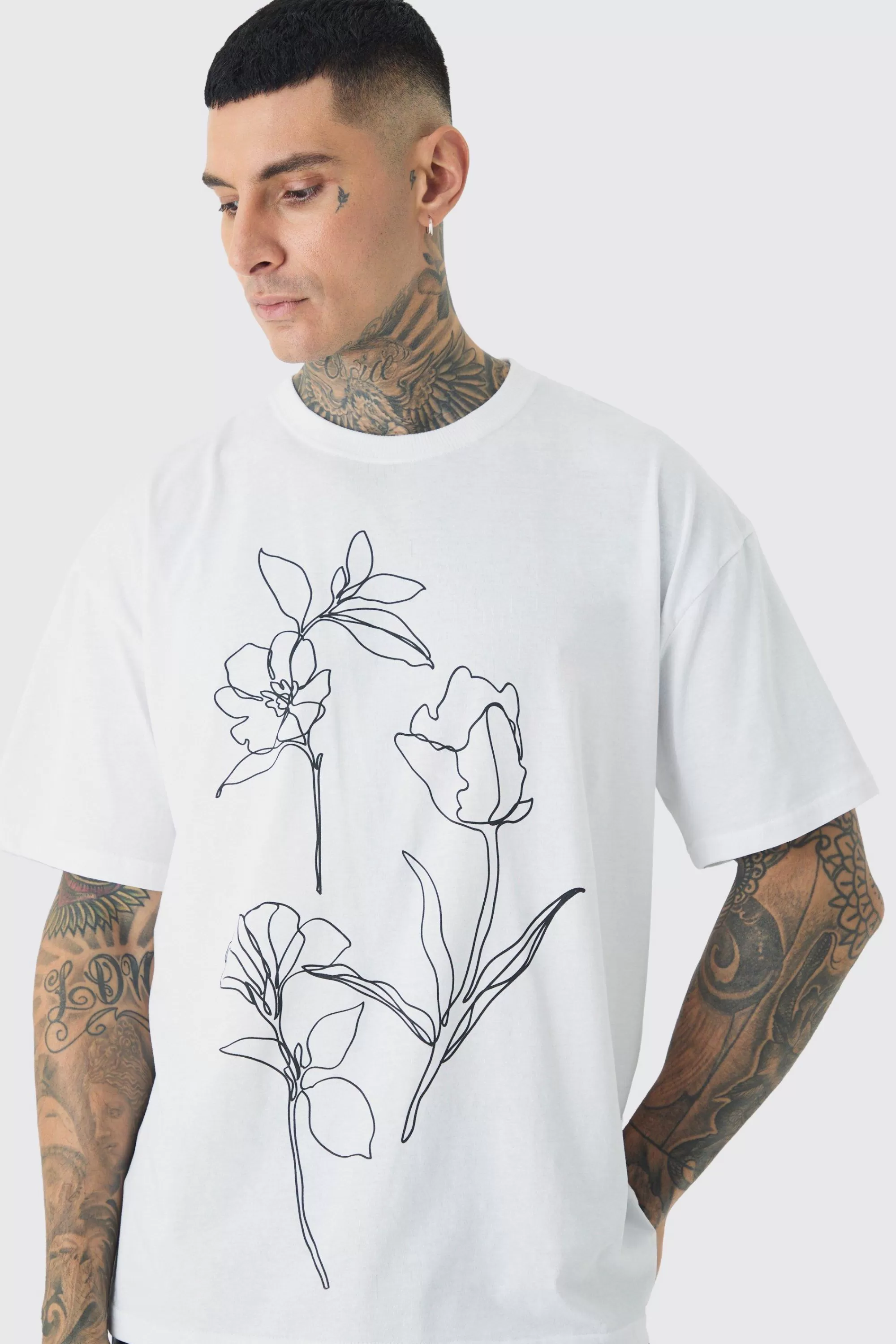 boohooMAN Tall Mono Abstract Floral Printed T-shirt In | UK white Fashion