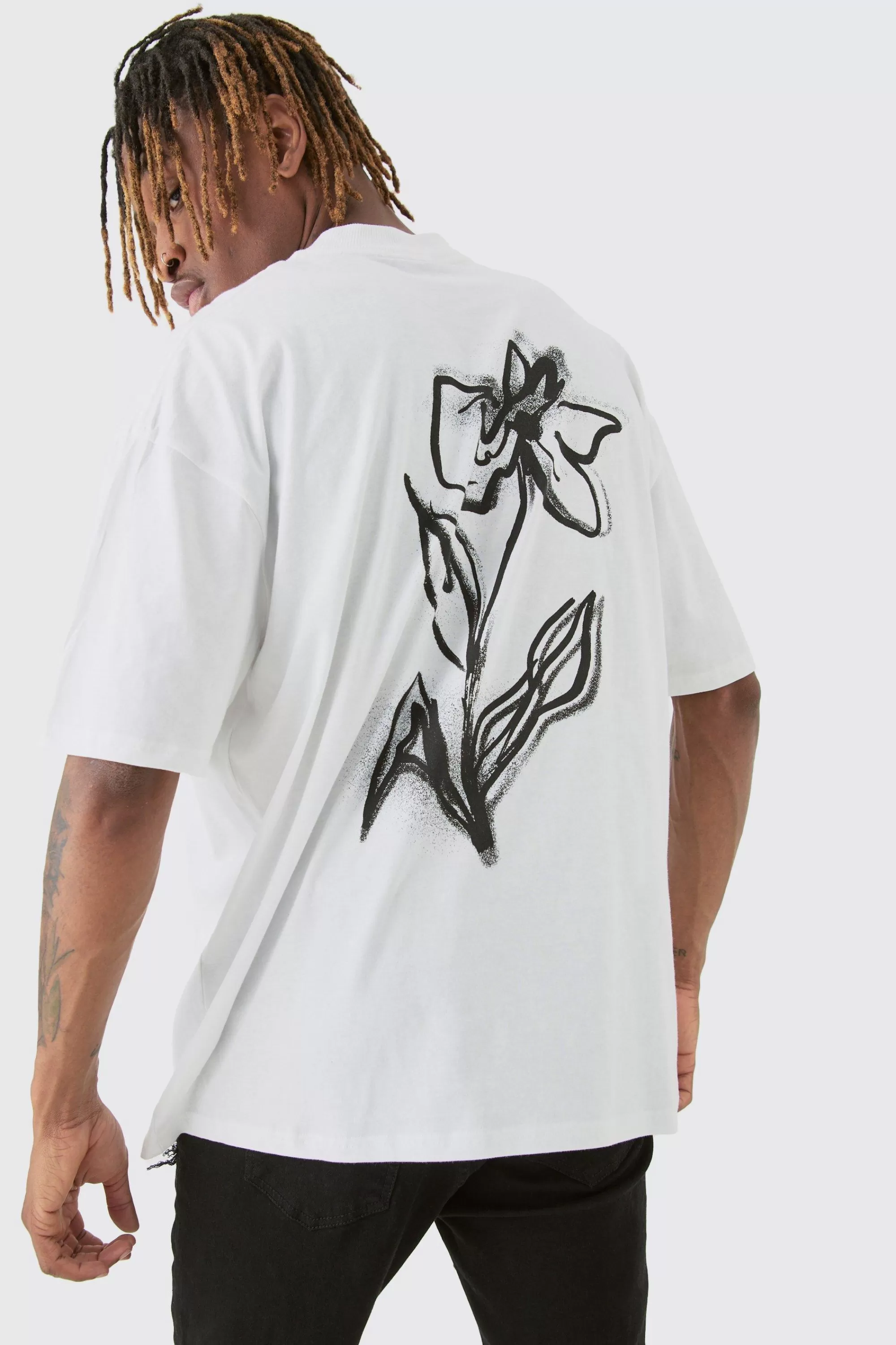 boohooMAN Tall Mono Floral Back Print T-shirt In | UK white Hot