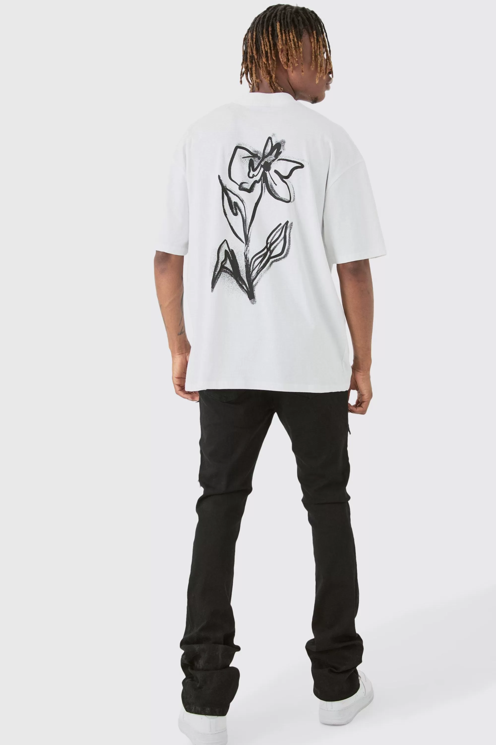 boohooMAN Tall Mono Floral Back Print T-shirt In | UK white Hot