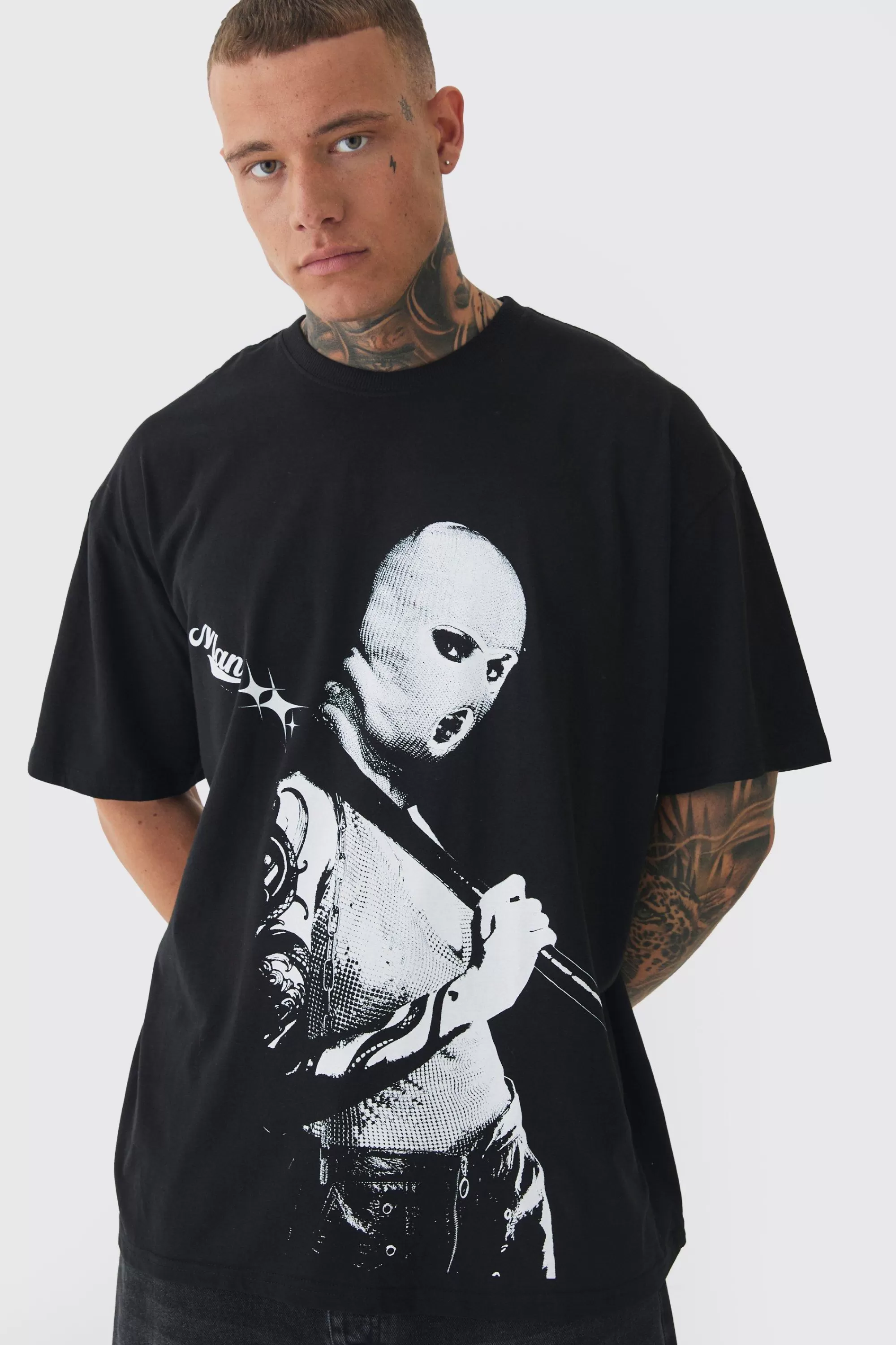 boohooMAN Tall Mono Man Balaclava T-shirt In | UK black Fashion