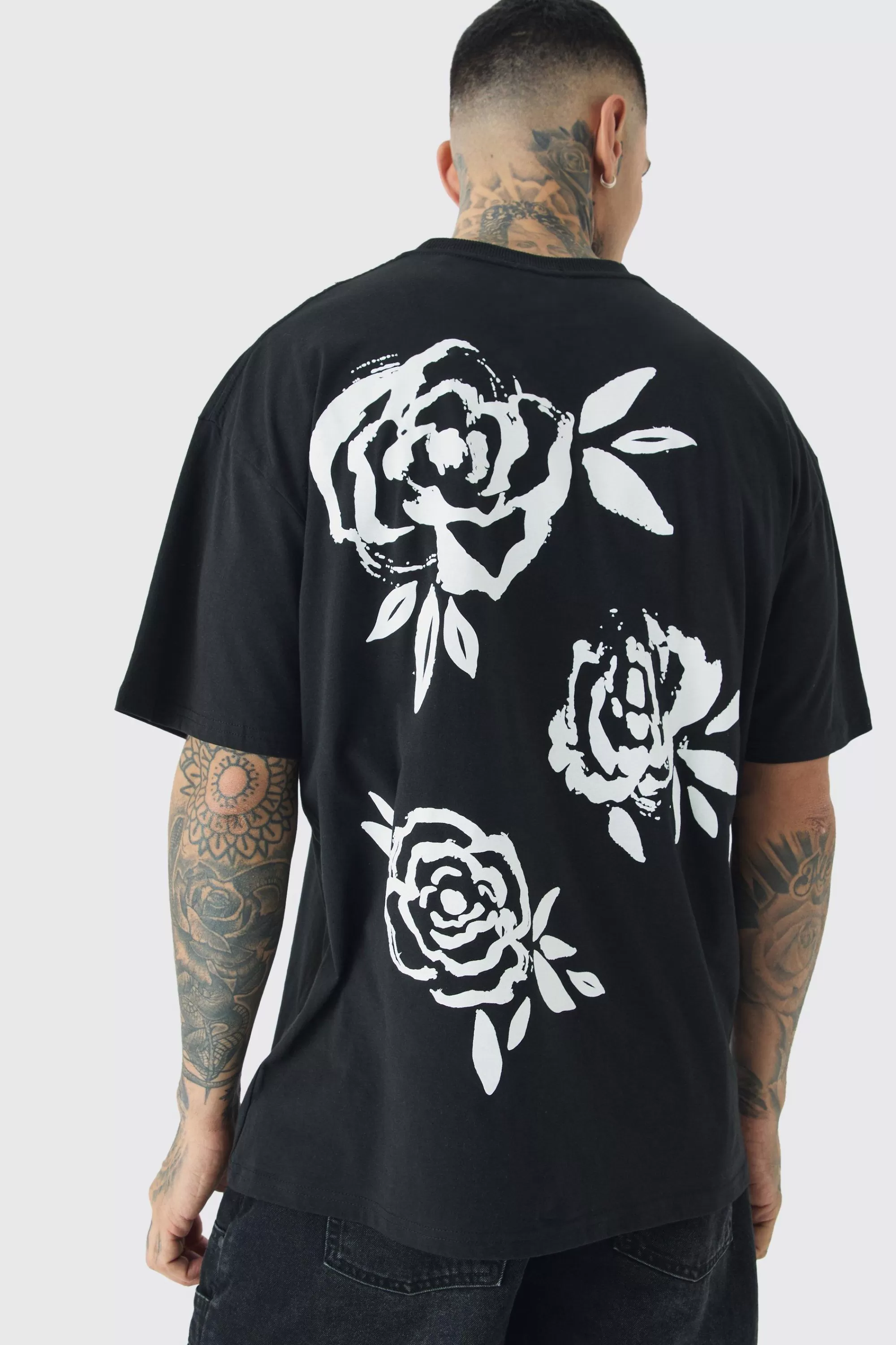 boohooMAN Tall Mono Rose Floral Back Print T-shirt In | UK black Discount