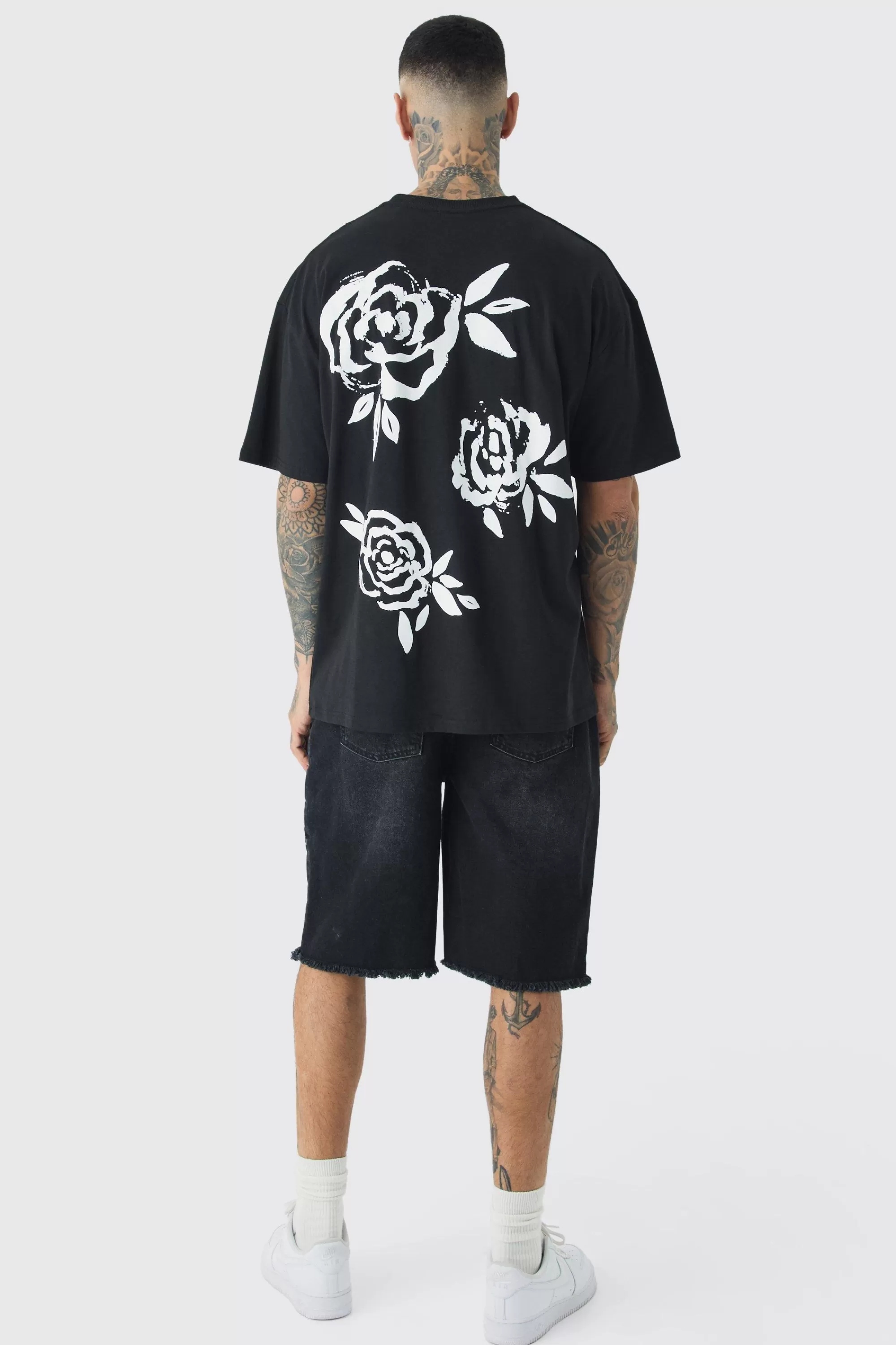 boohooMAN Tall Mono Rose Floral Back Print T-shirt In | UK black Discount