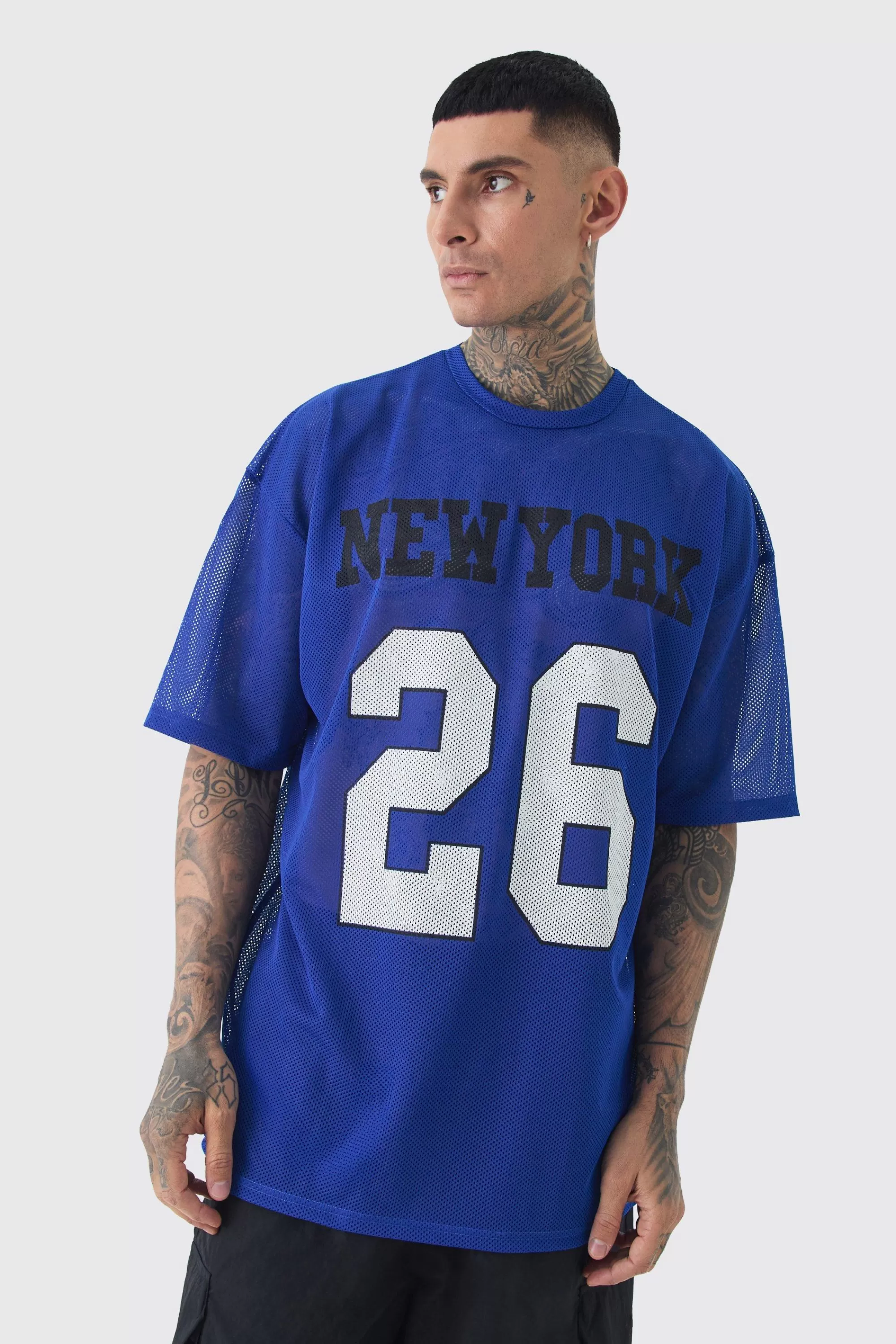 boohooMAN Tall New York Printed Mesh Varsity T-shirt In Blue | UK royal Sale