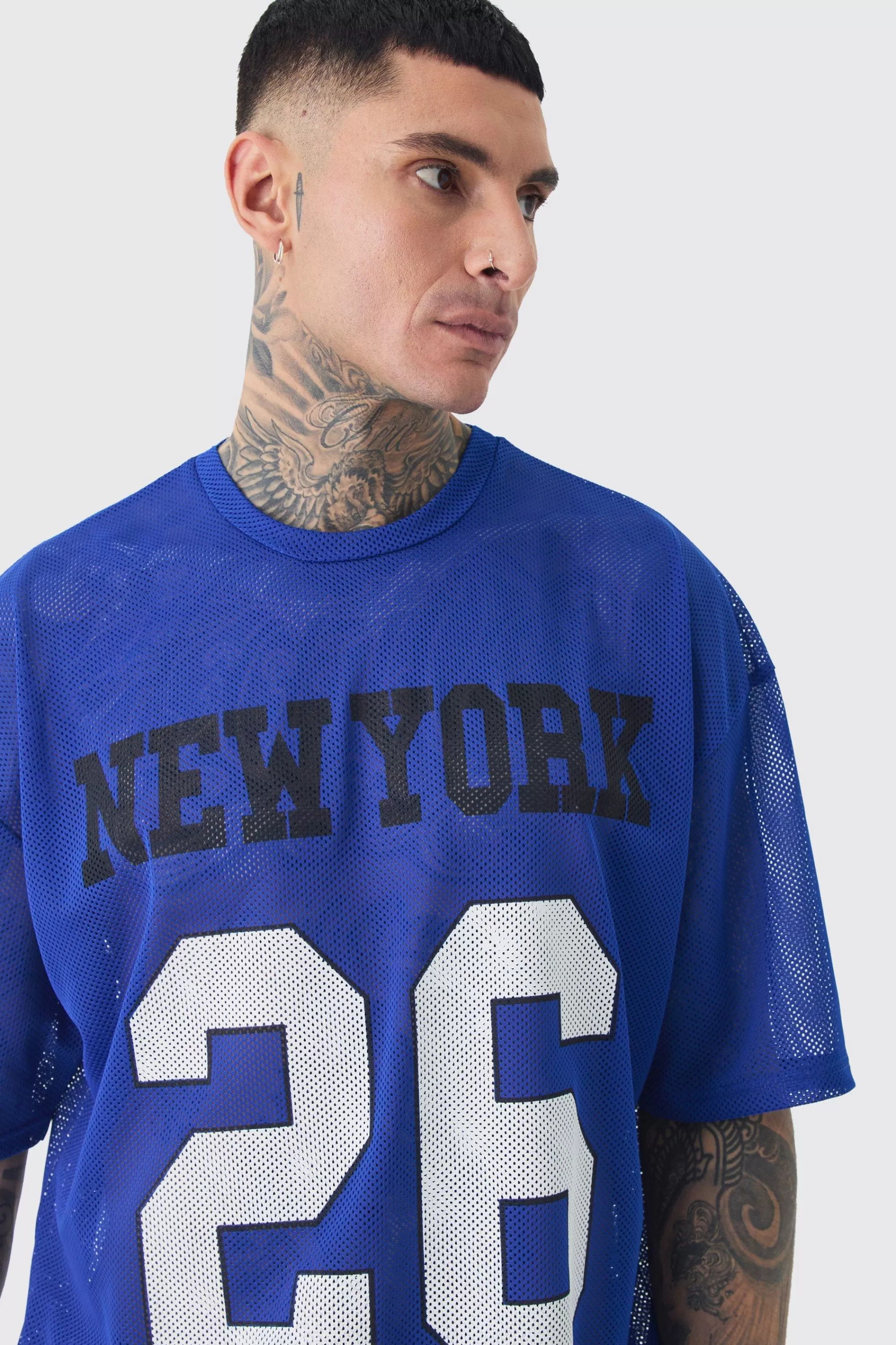 boohooMAN Tall New York Printed Mesh Varsity T-shirt In Blue | UK royal Sale