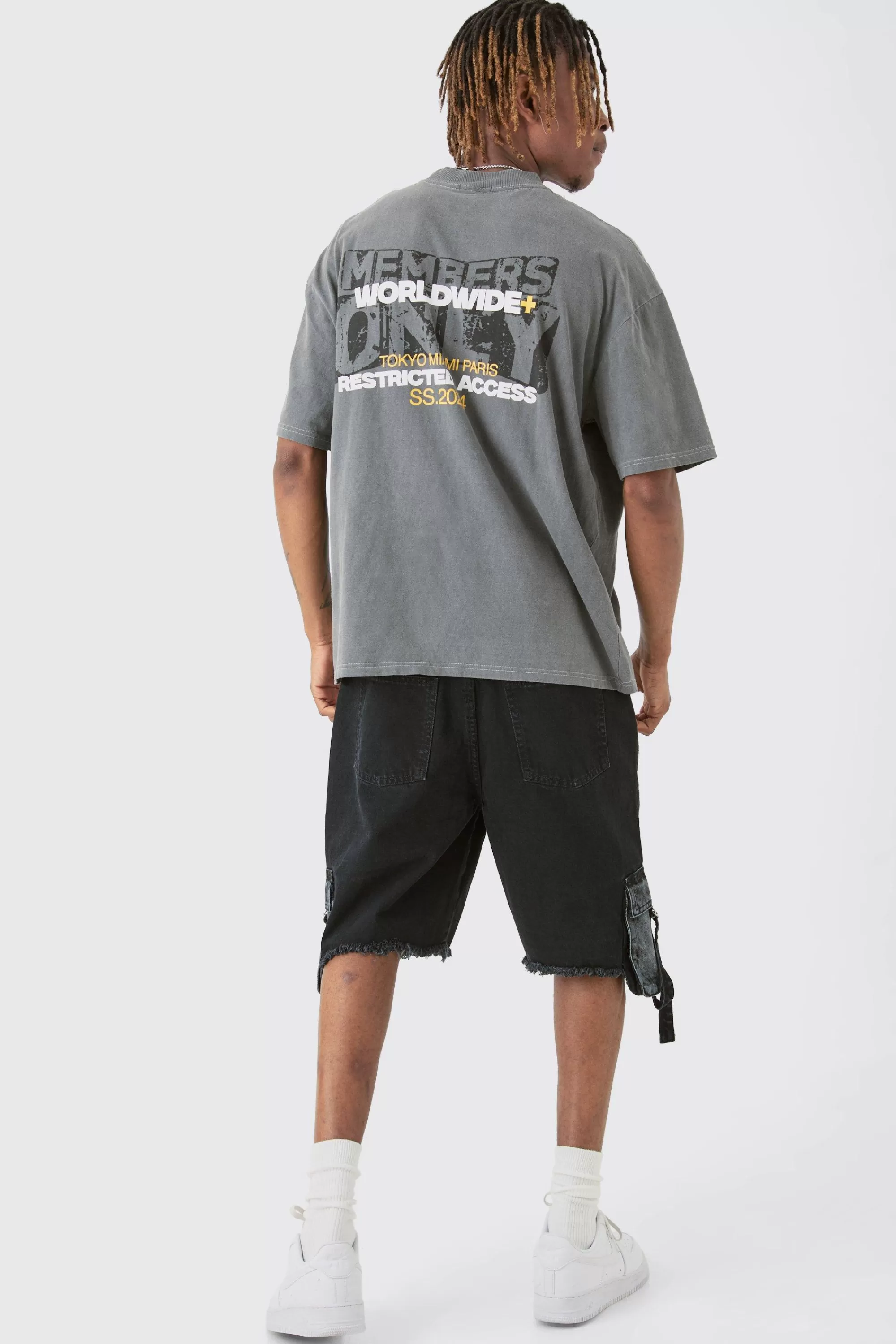 boohooMAN Tall Overdye Wash Worldwide Back Printed T-shirt | UK charcoal Fashion