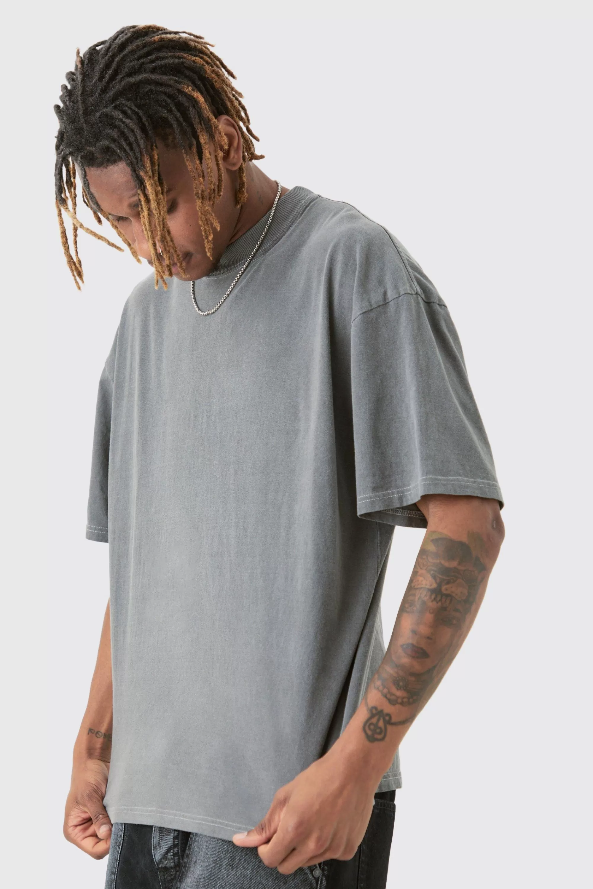 boohooMAN Tall Overdye Wash Worldwide Back Printed T-shirt | UK charcoal Fashion
