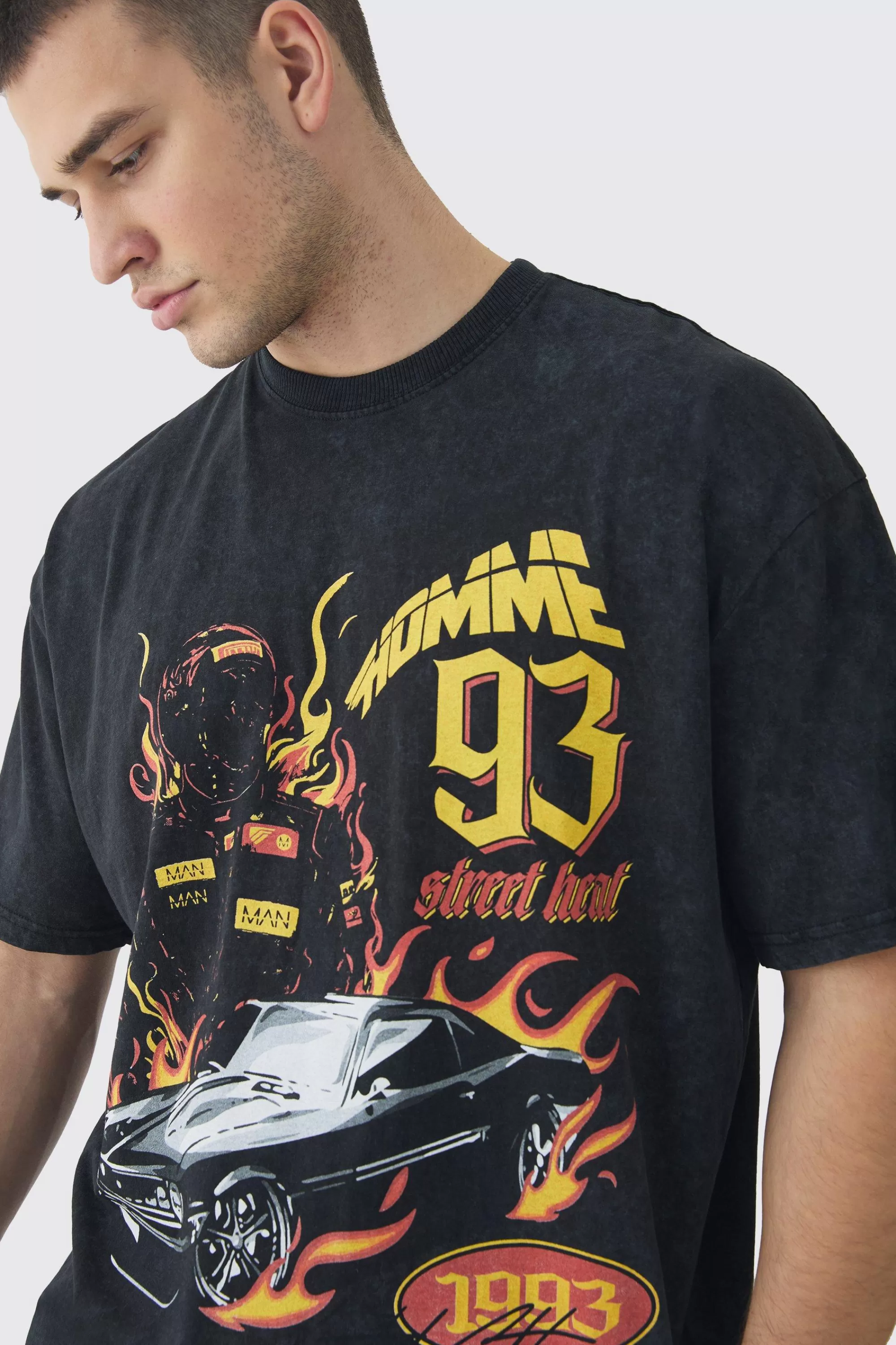 boohooMAN Tall Oversized Acid Washed Moto Print T-Shirt | UK charcoal Clearance