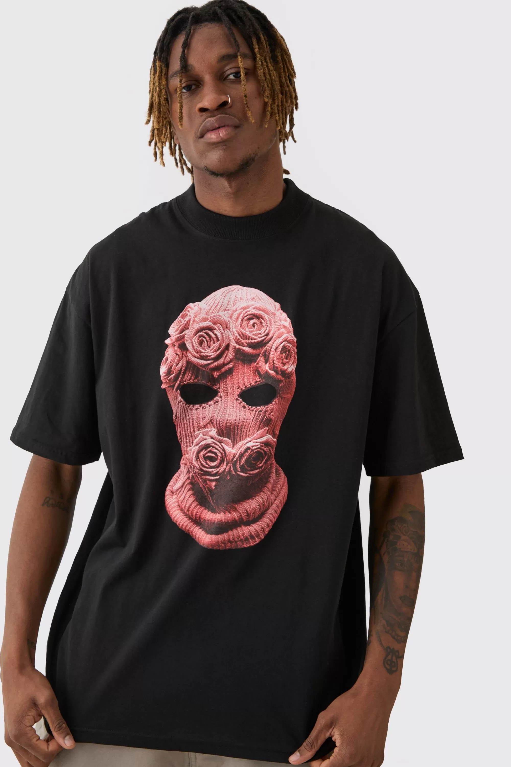 boohooMAN Tall Oversized Balaclava Floral Print T-shirt | UK black Clearance