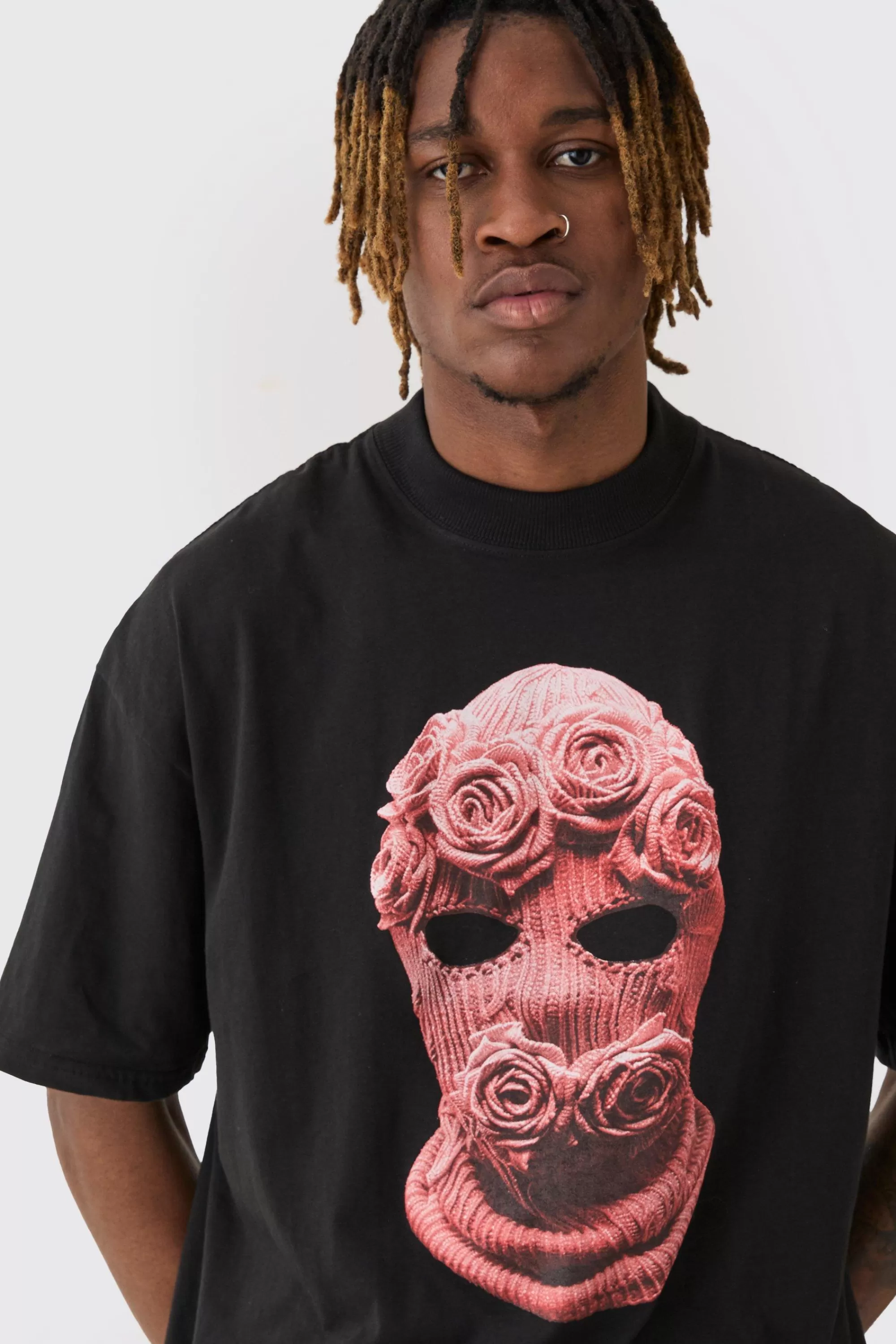 boohooMAN Tall Oversized Balaclava Floral Print T-shirt | UK black Clearance