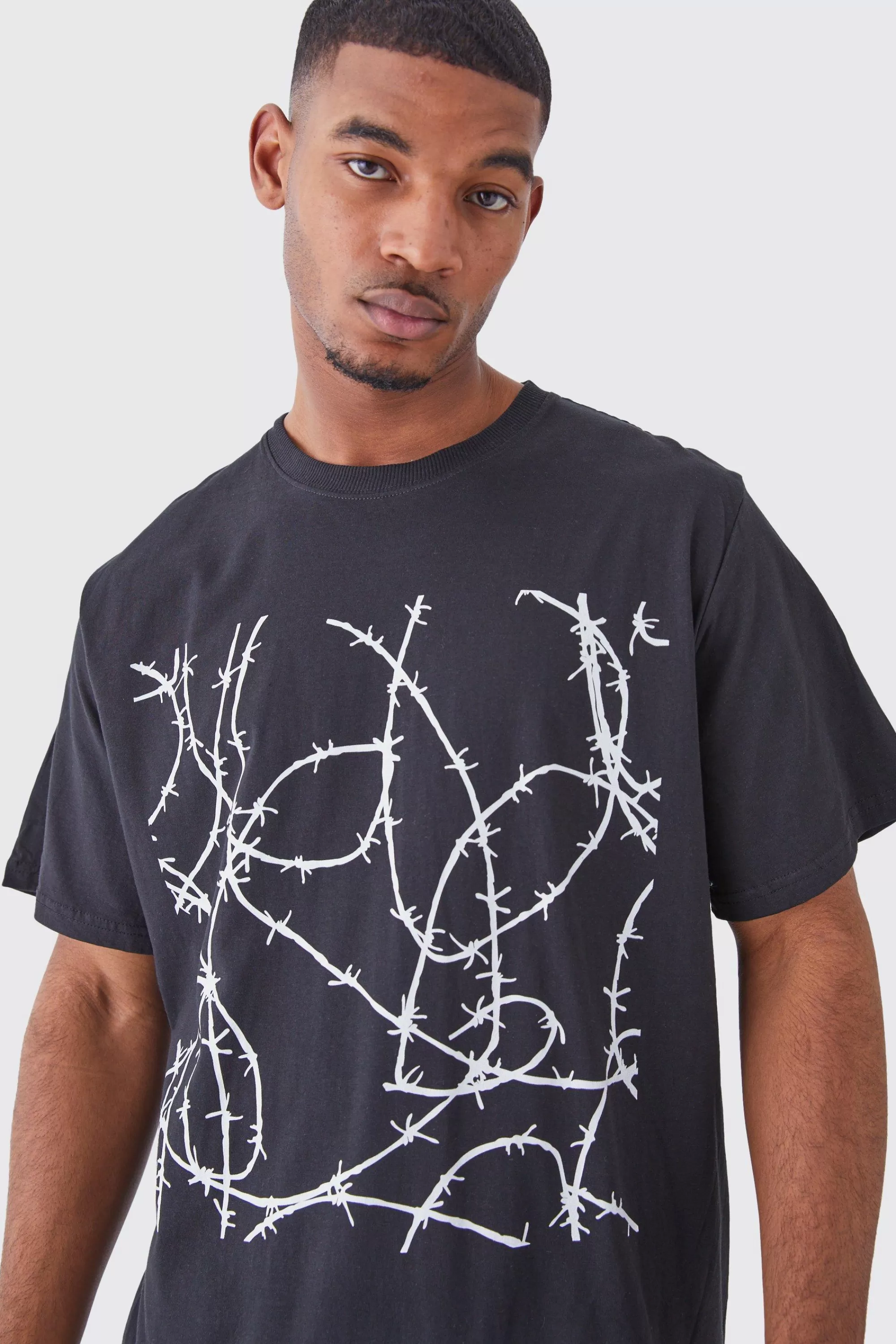 boohooMAN Tall Oversized Barbwire Chest Print T-shirt | UK black Flash Sale