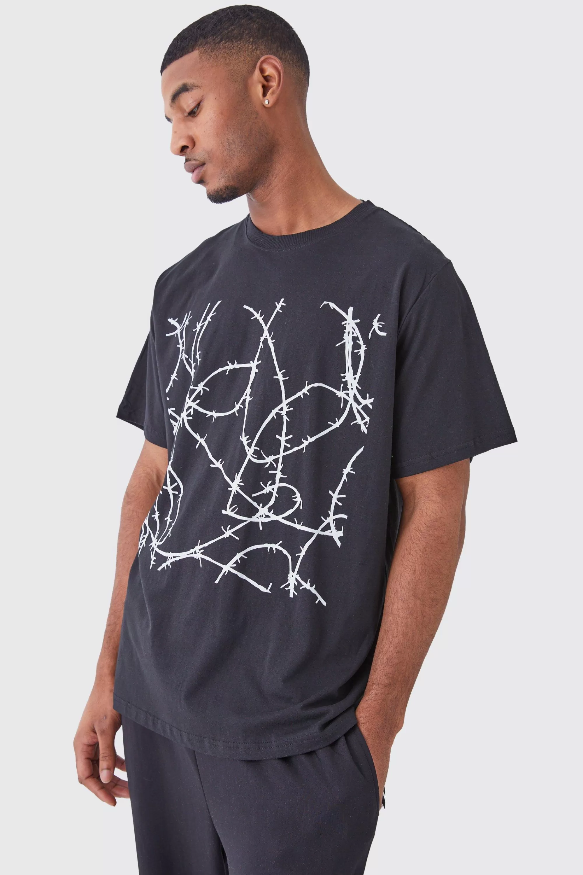 boohooMAN Tall Oversized Barbwire Chest Print T-shirt | UK black Flash Sale