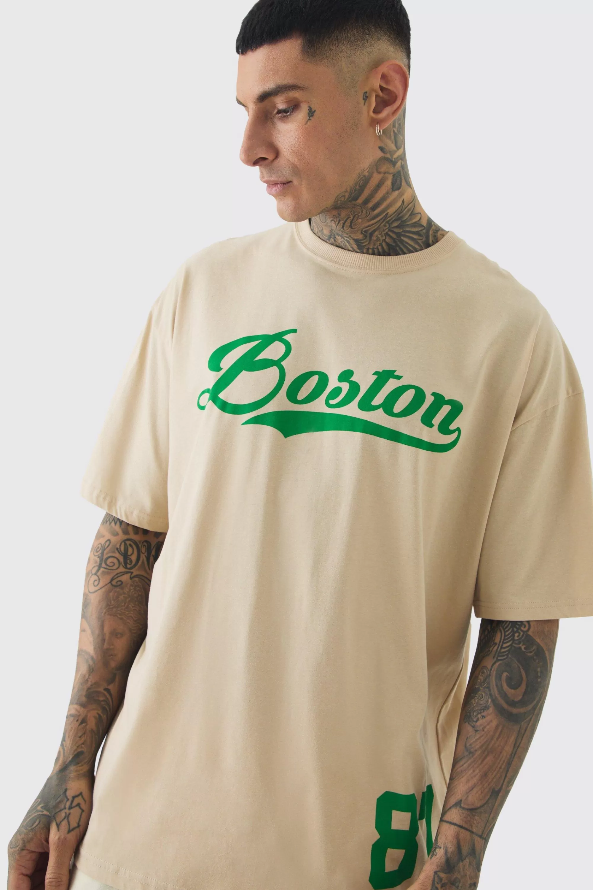 boohooMAN Tall Oversized Boston Varsity Print T-shirt | UK sand Online