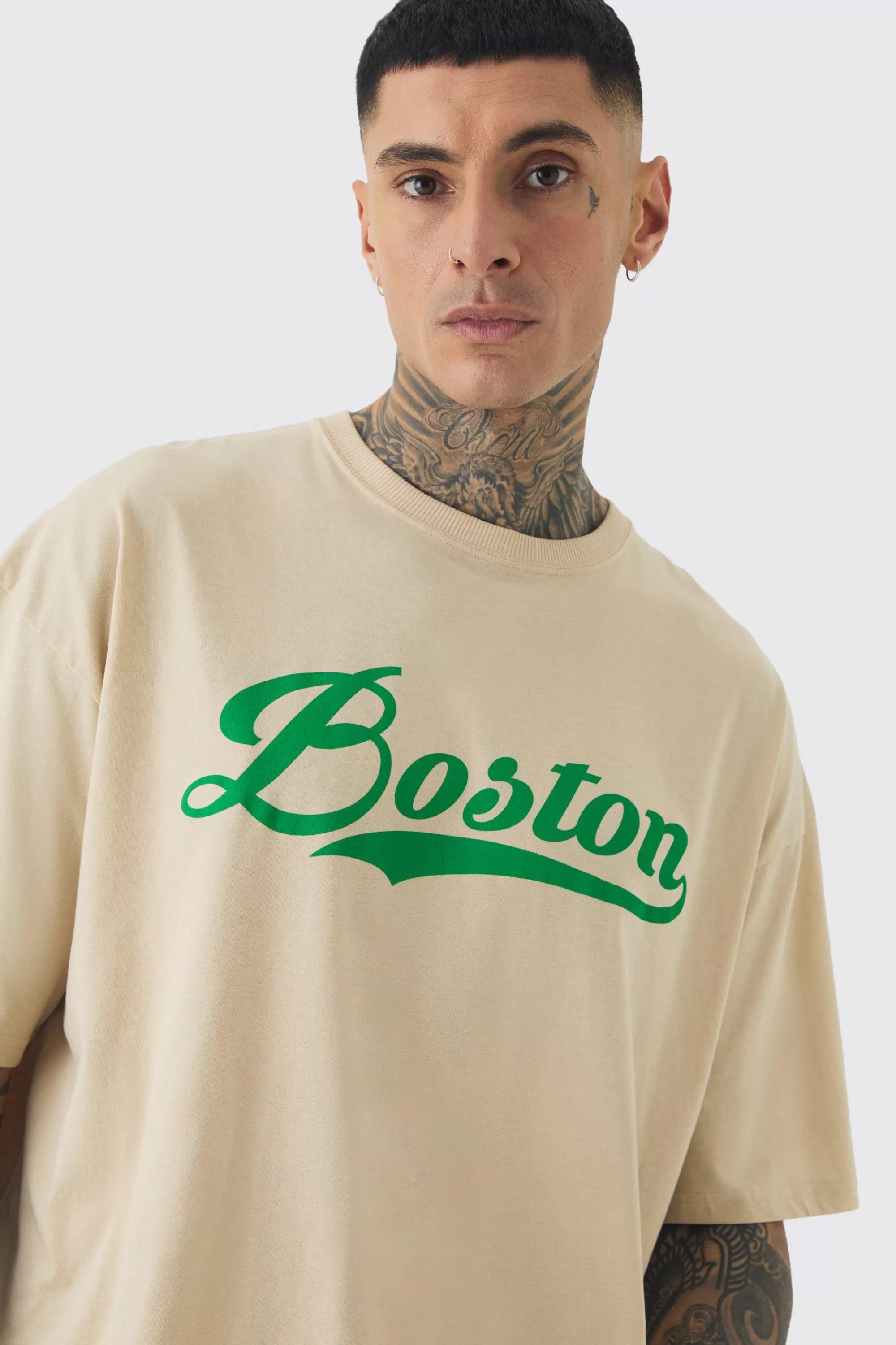 boohooMAN Tall Oversized Boston Varsity Print T-shirt | UK sand Online