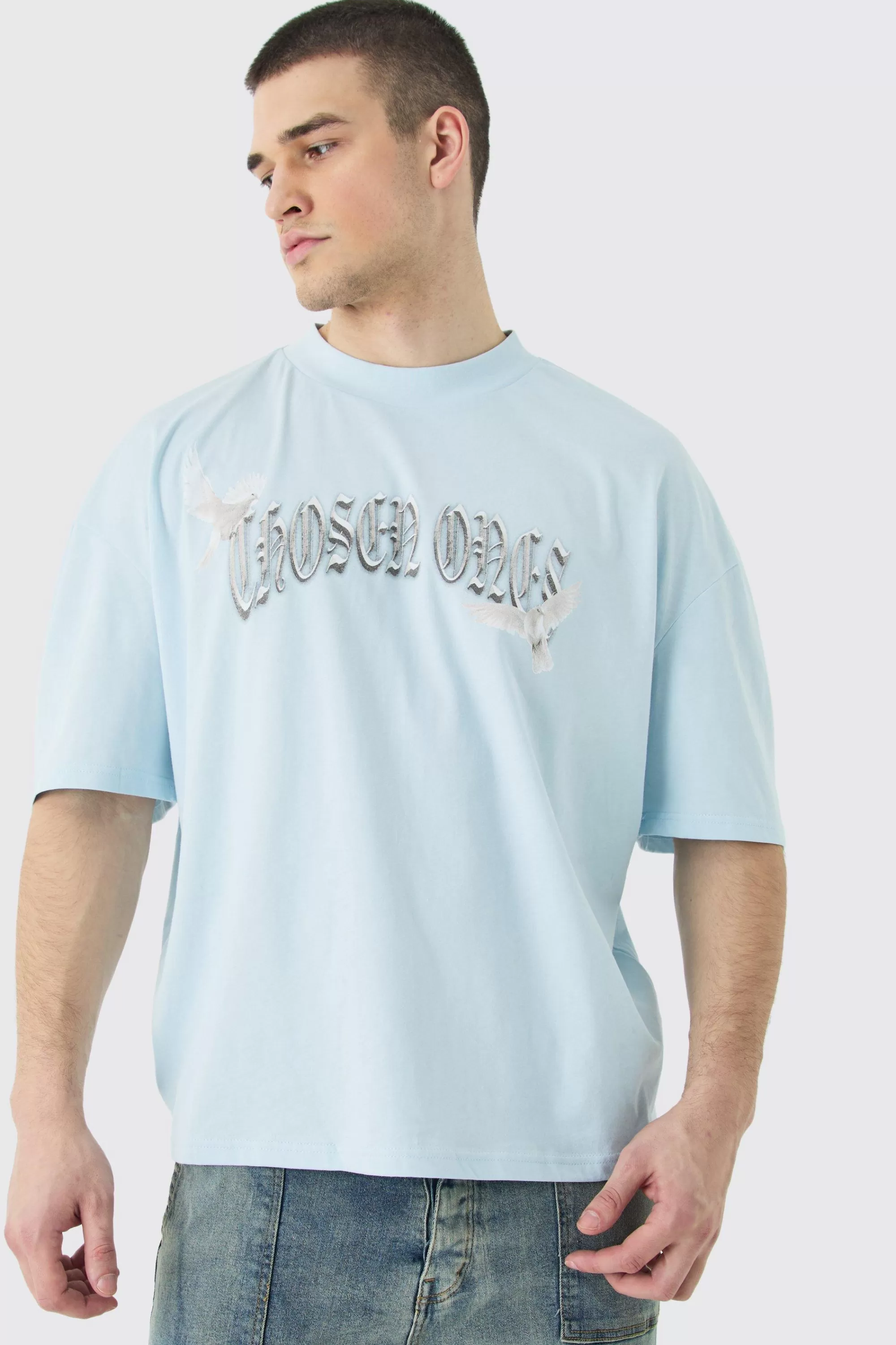 boohooMAN Tall Oversized Boxy Extended Neck Bird T-shirt | UK light blue Clearance