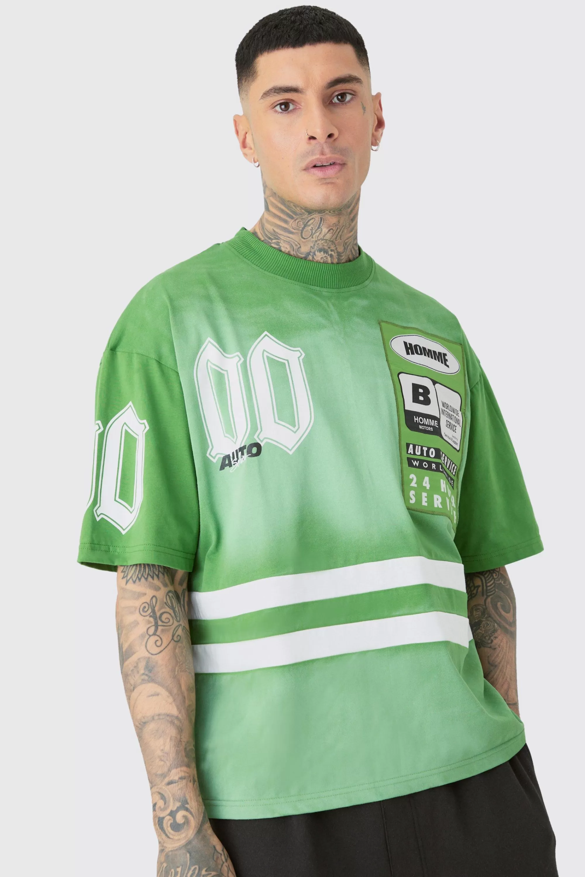 boohooMAN Tall Oversized Boxy Extended Neck Washed Applique Moto T-shirt | UK green Store