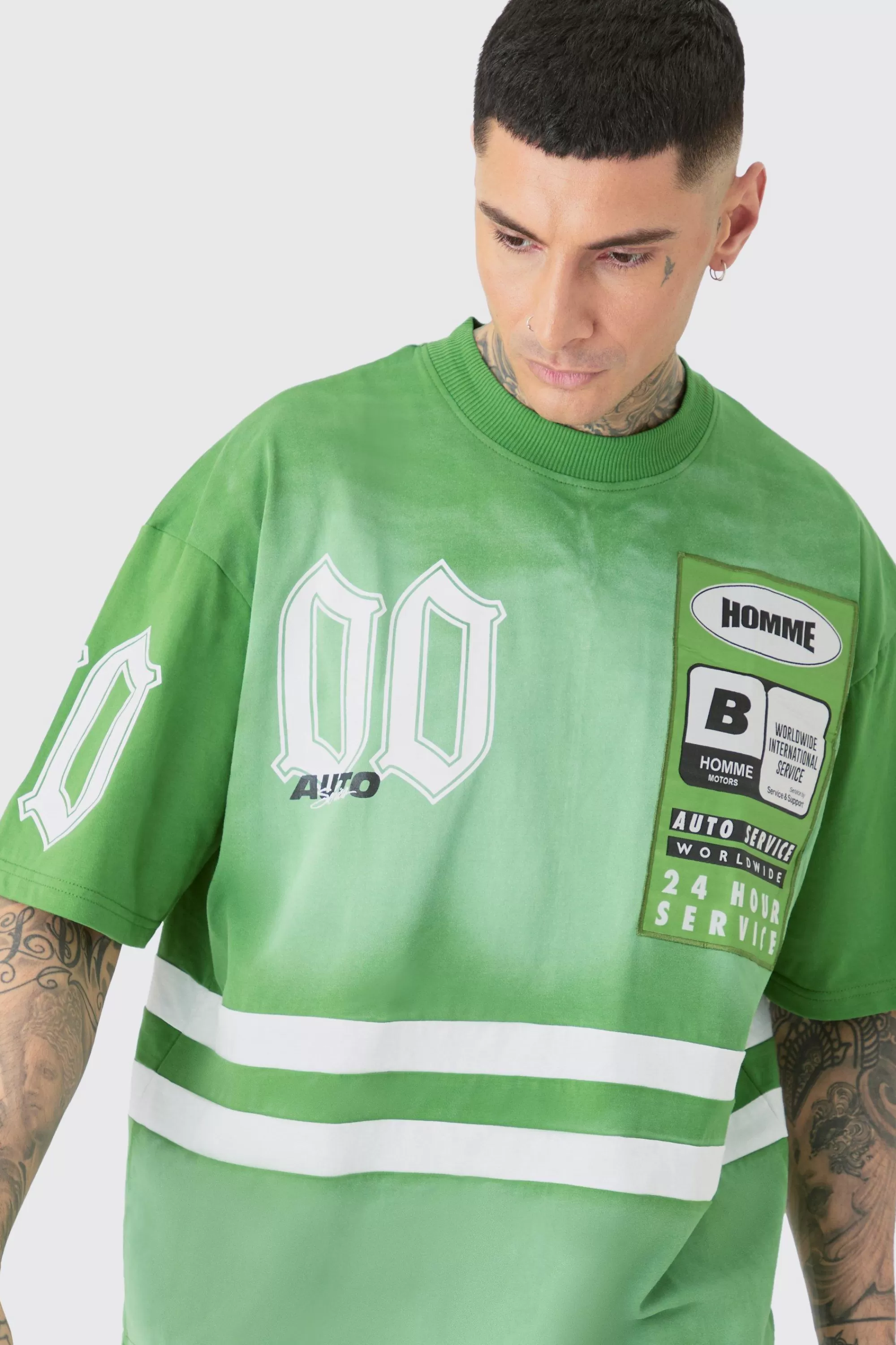 boohooMAN Tall Oversized Boxy Extended Neck Washed Applique Moto T-shirt | UK green Store