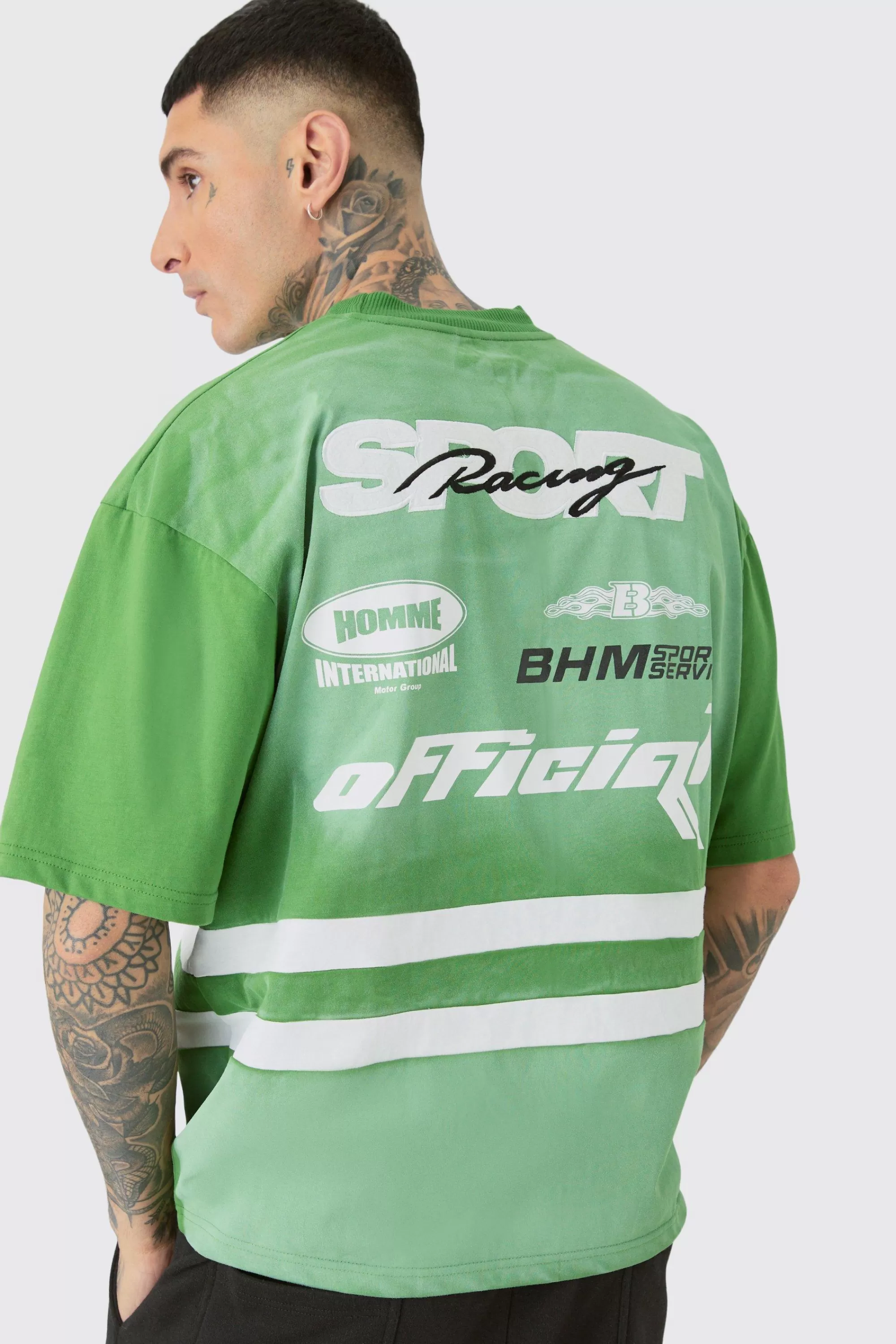 boohooMAN Tall Oversized Boxy Extended Neck Washed Applique Moto T-shirt | UK green Store