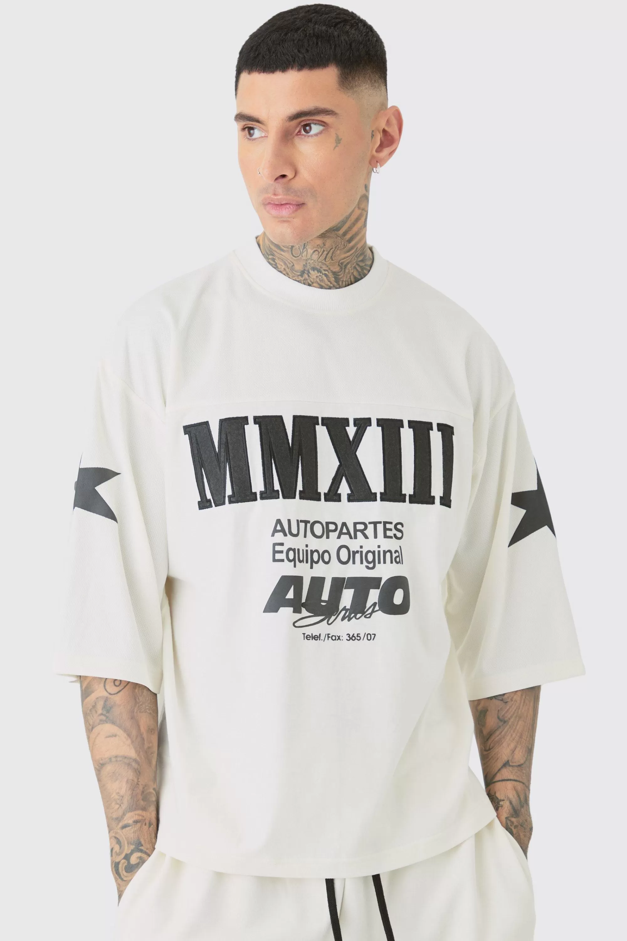 boohooMAN Tall Oversized Boxy Half Sleeve Moto T-Shirt | UK stone Sale