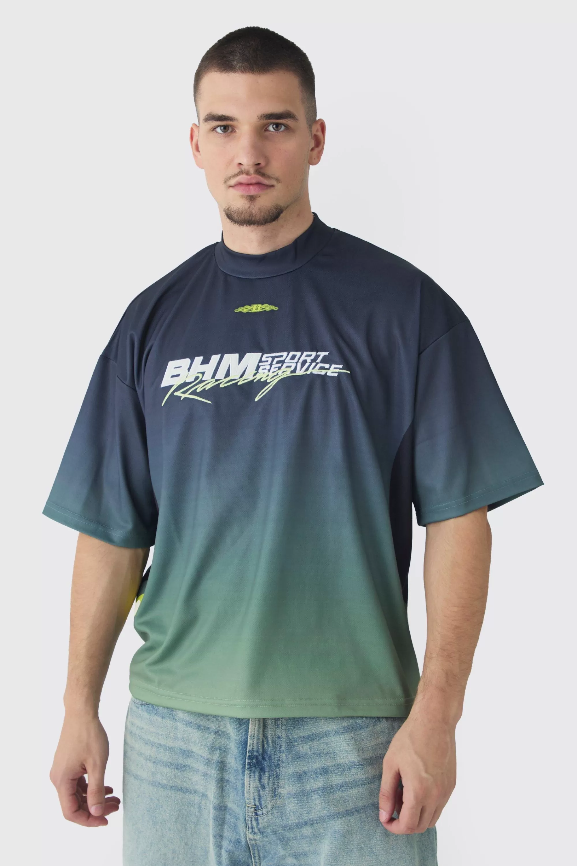 boohooMAN Tall Oversized Boxy Mesh Applique Ombre Moto Printed T-shirt | UK brown Store