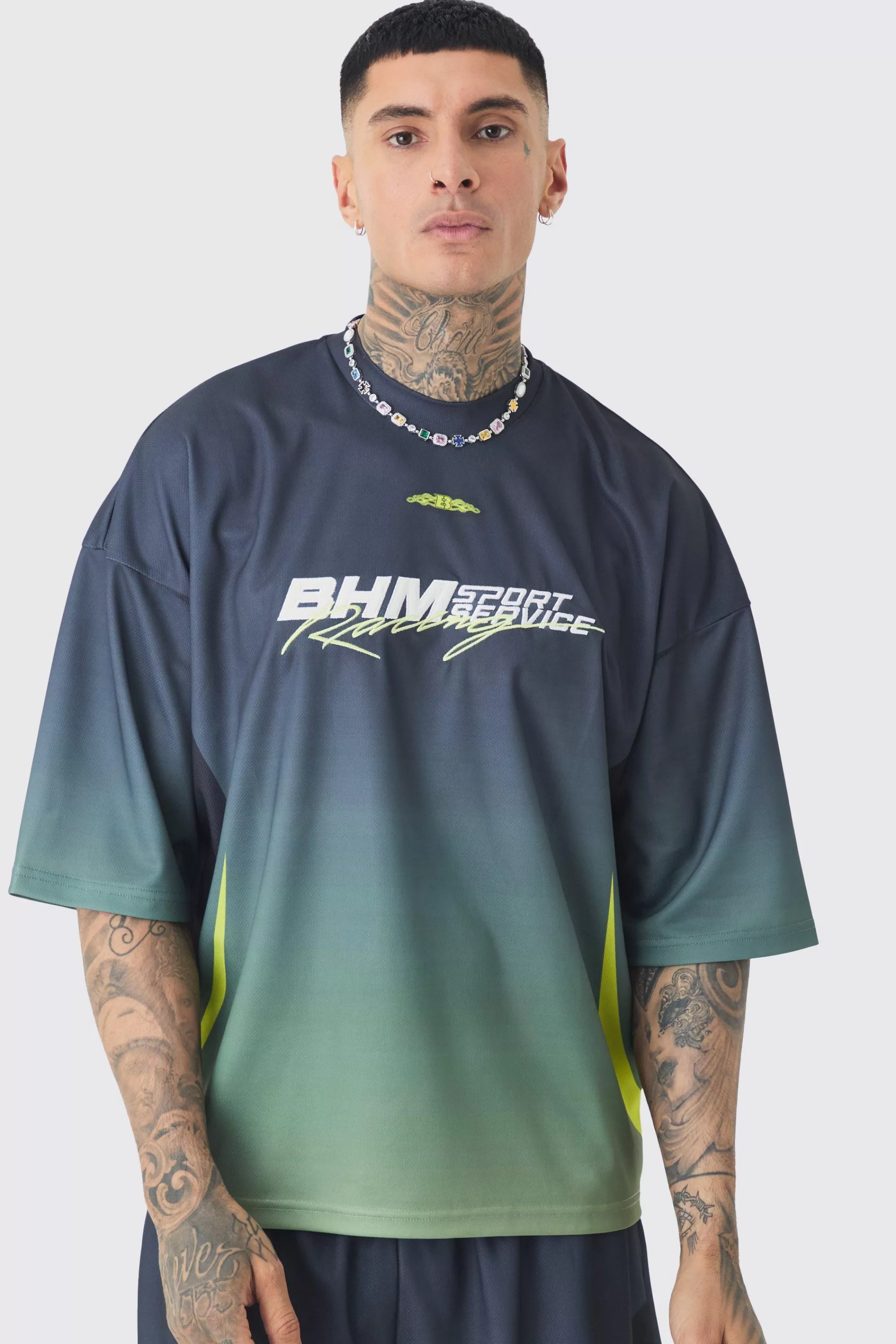 boohooMAN Tall Oversized Boxy Mesh Applique Ombre Printed T-shirt | UK multi Cheap