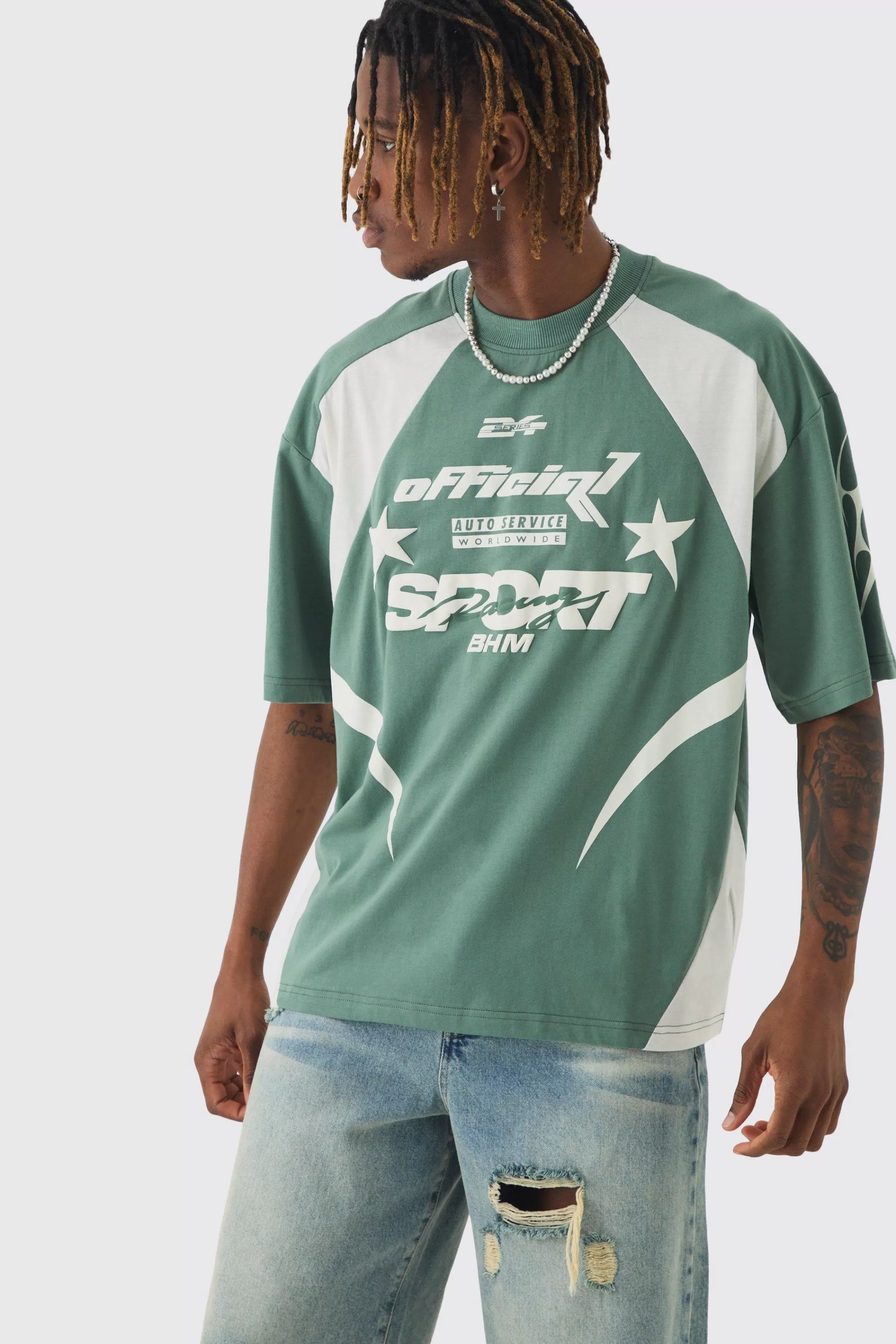 boohooMAN Tall Oversized Boxy Puff Print Moto Extended Neck T-shirt | UK green Best Sale